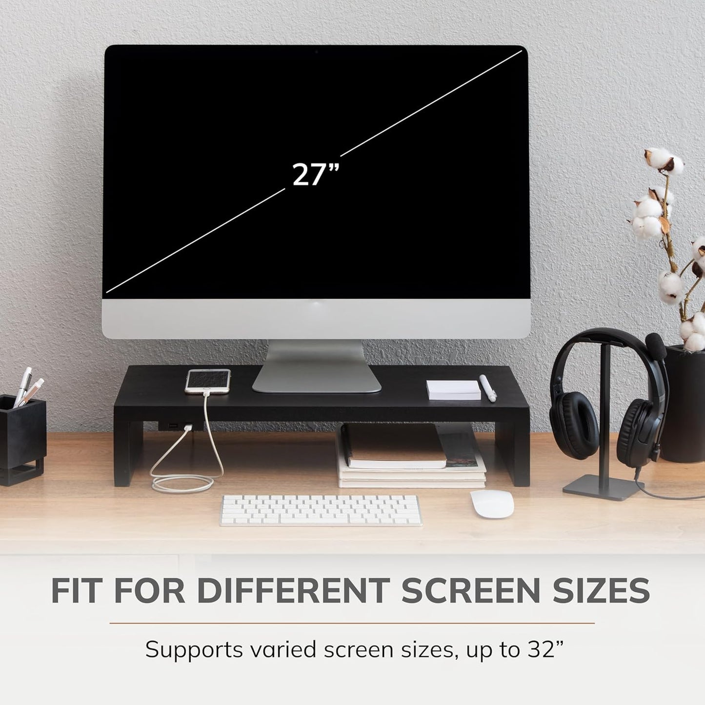 Anji Mountain Wooden Monitor Stand - Elegant Monitor Riser, Perfect Monitor Stand for Desk Organization, Durable Wood Construction monitor stands, Enhances Ergonomics and Workspace Efficiency,Black