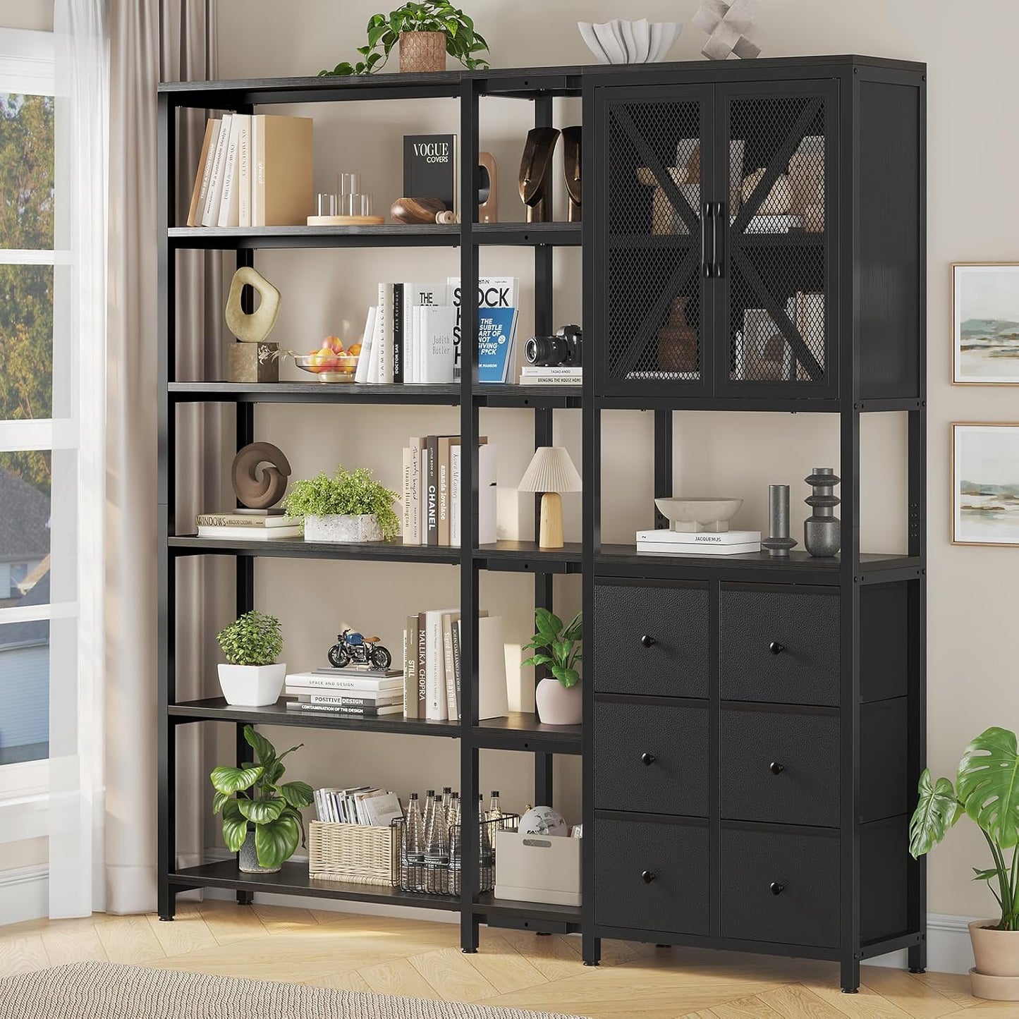 Corner Bookshelf, 6 Tier Industrial Convertible Bookshelf with 6 Fabric Drawers, Corner Bookcase Large L Shaped Storage Display Shelf for Home Office, Living Room, Kitchen, Black