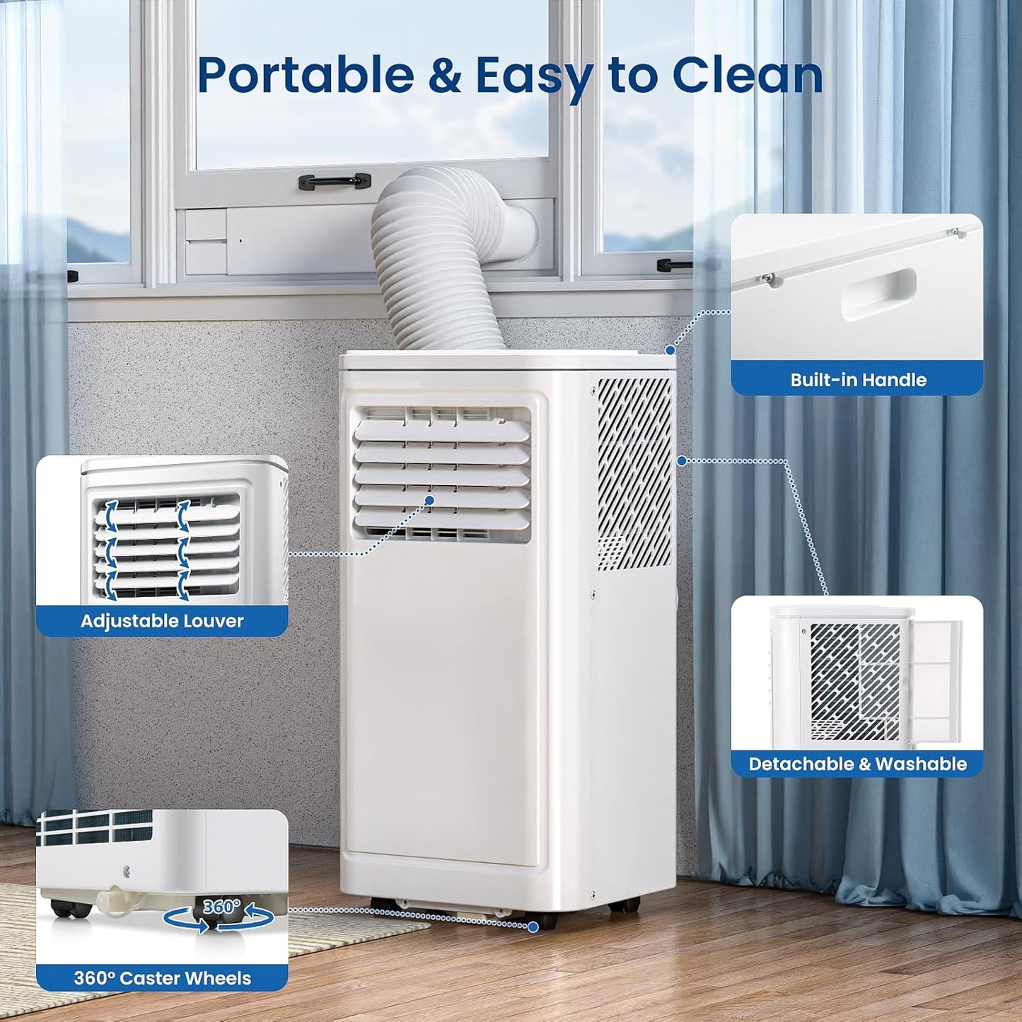ZAFRO Portable Air Conditioners, 8000 BTU, 3 in 1 Portable AC Unit with Window Kits, Fan & Dehumidifier Modes, Cools up to 350 Sq.Ft, LED Display/Remote Control, 24H Timer for Living Room, Bedroom