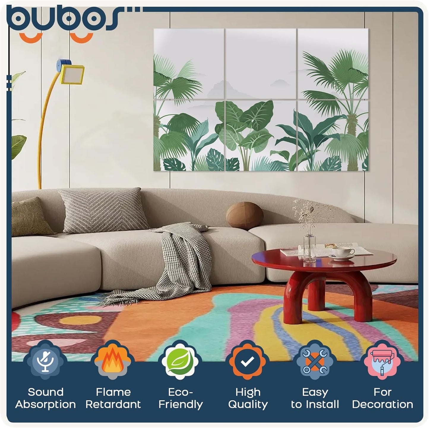 BUBOS 6 Pack Art Acoustic Panels Soundproof Wall Panel,70.8X47.2 Inches Large Sound Absorbing Panel,Self-adhesive Decorative Acoustical Wall Panels, Acoustic Treatment for Home Office（Green Leaves）