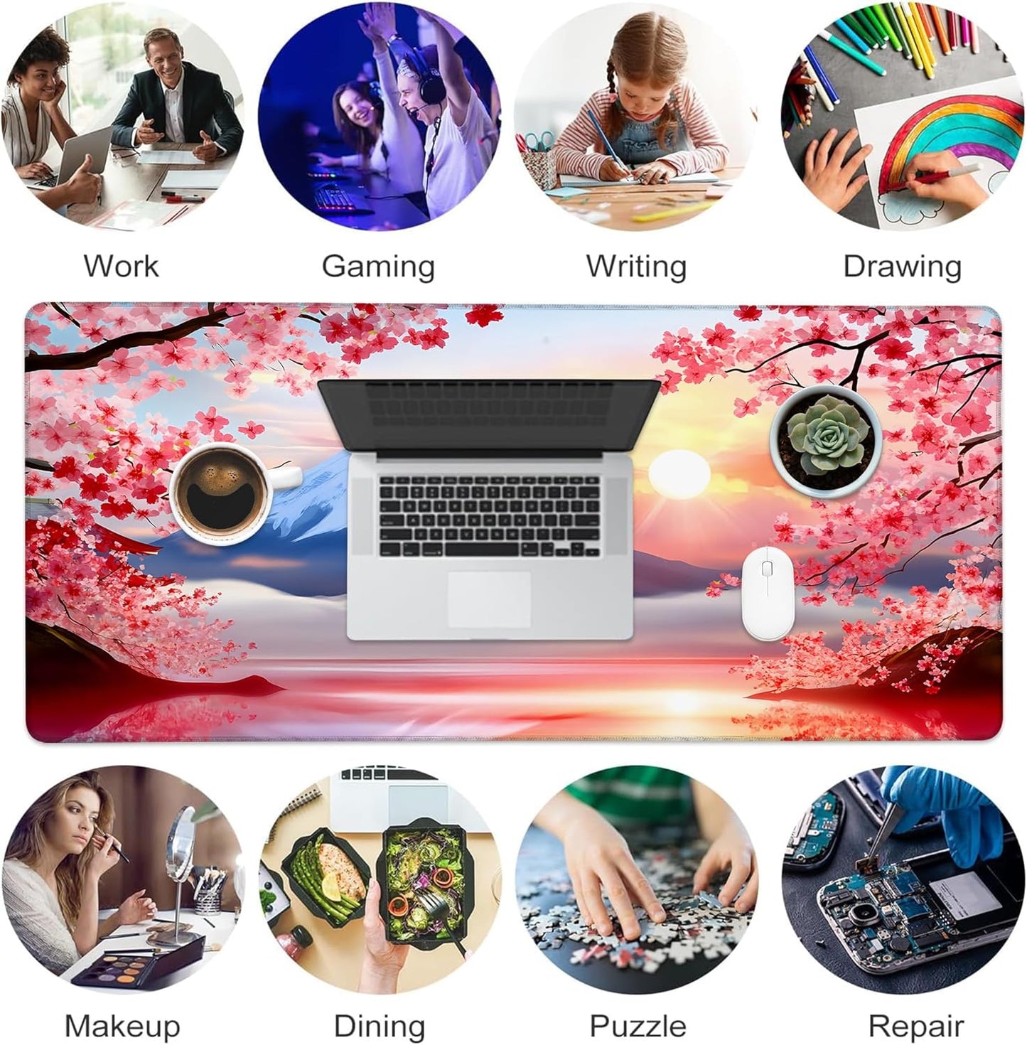 Desk Mat, Cherry Blossoms Mount Fuji Sunrise Large Gaming Mouse Pad with Non-Slip Base Stitched Edges,Desk pad for Keyboard and Mouse Home Office 35.4"x15.7"