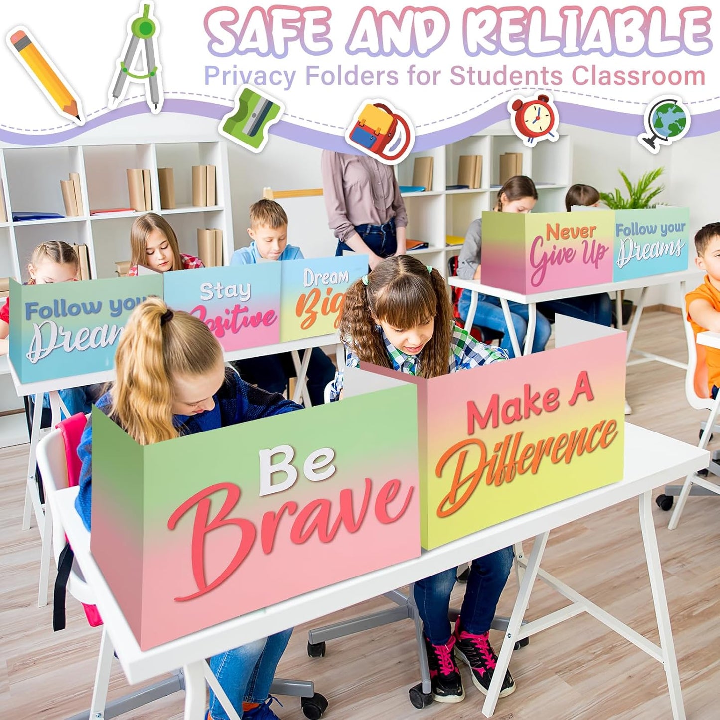 Honoson 24 Pcs Bulk Inspirational Privacy Folders for Students Cardboard Test Privacy Boards Motivational Words Desk Dividers Shield for Classroom School Study Supplies, 6 Styles (Macaron)