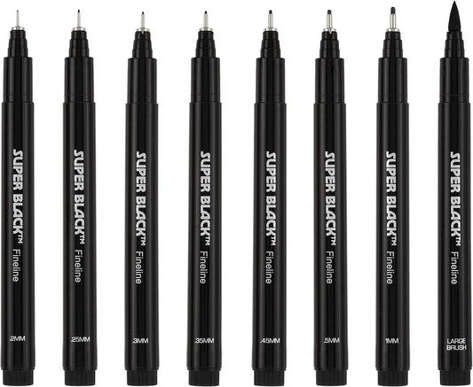 Creative Mark Ultimate Fine Line Drawing Pens Super Black, Permanent, Waterproof, & Acid-Free Assorted Tips and Large Brush Pen - [Fineliners and Sketch Set of 8]