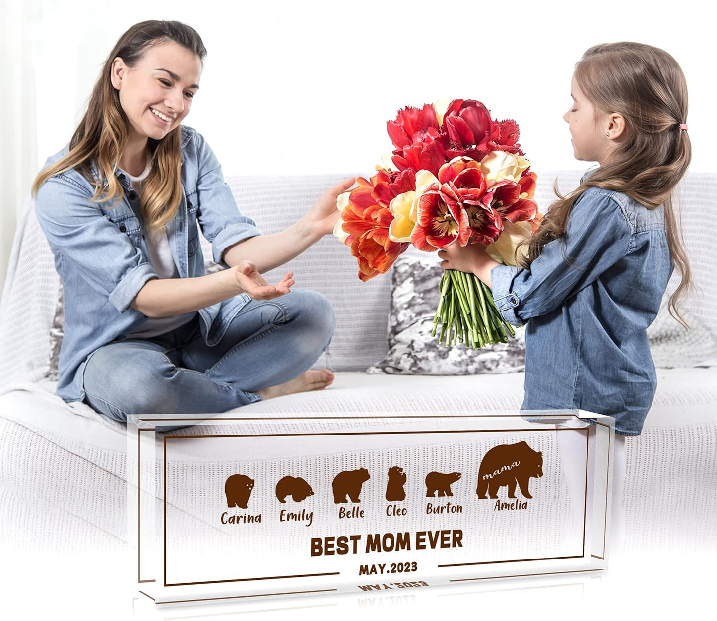 Personalized Office Desk Accessories Gift Mama Bear Family Sign with Names Text Date,Custom Mothers Day Gift from Daughter Son,Clear Glass Acrylic Desk Decor Desk Decorations for Women Office…