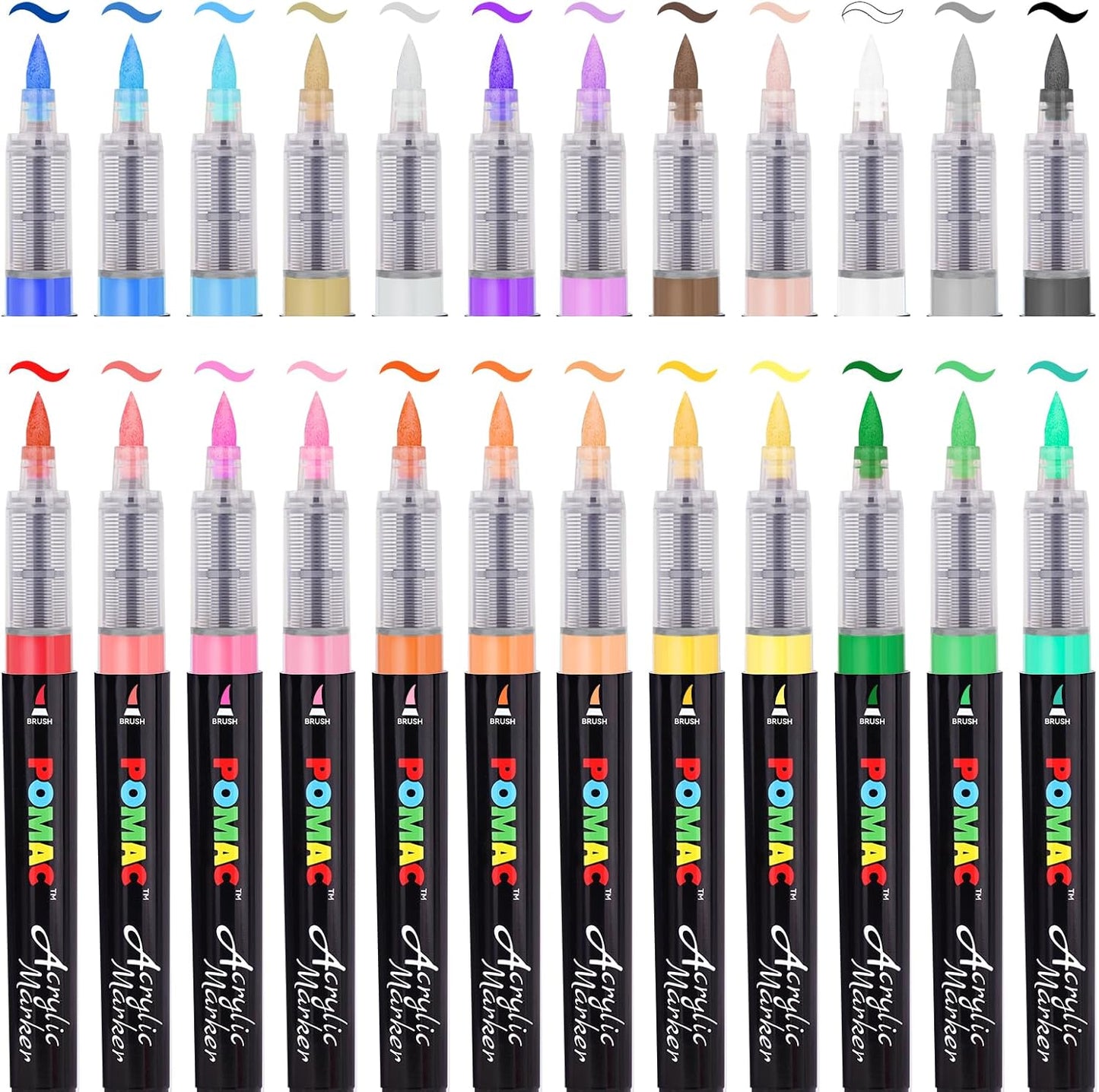 POMAC Liquid Acrylic Paint Markers 24 Colors, Waterproof Paint Marker Pens Brush Tip No-Bleed for Fabric, Canvas, Rock, Glass, Wood, DIY Crafts, Art Supplies
