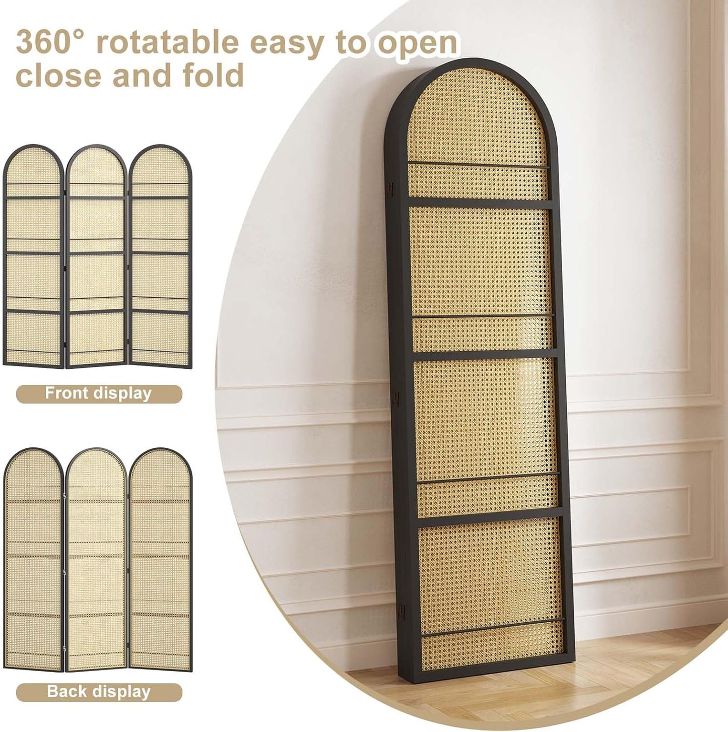 Rattan Room Divider with Built-in Bookshelf | Foldable Privacy Screen & Portable Partition for Home Office, Bedroom, Reading Nook | Wooden Frame, Freestanding Design (Black-Rattan)