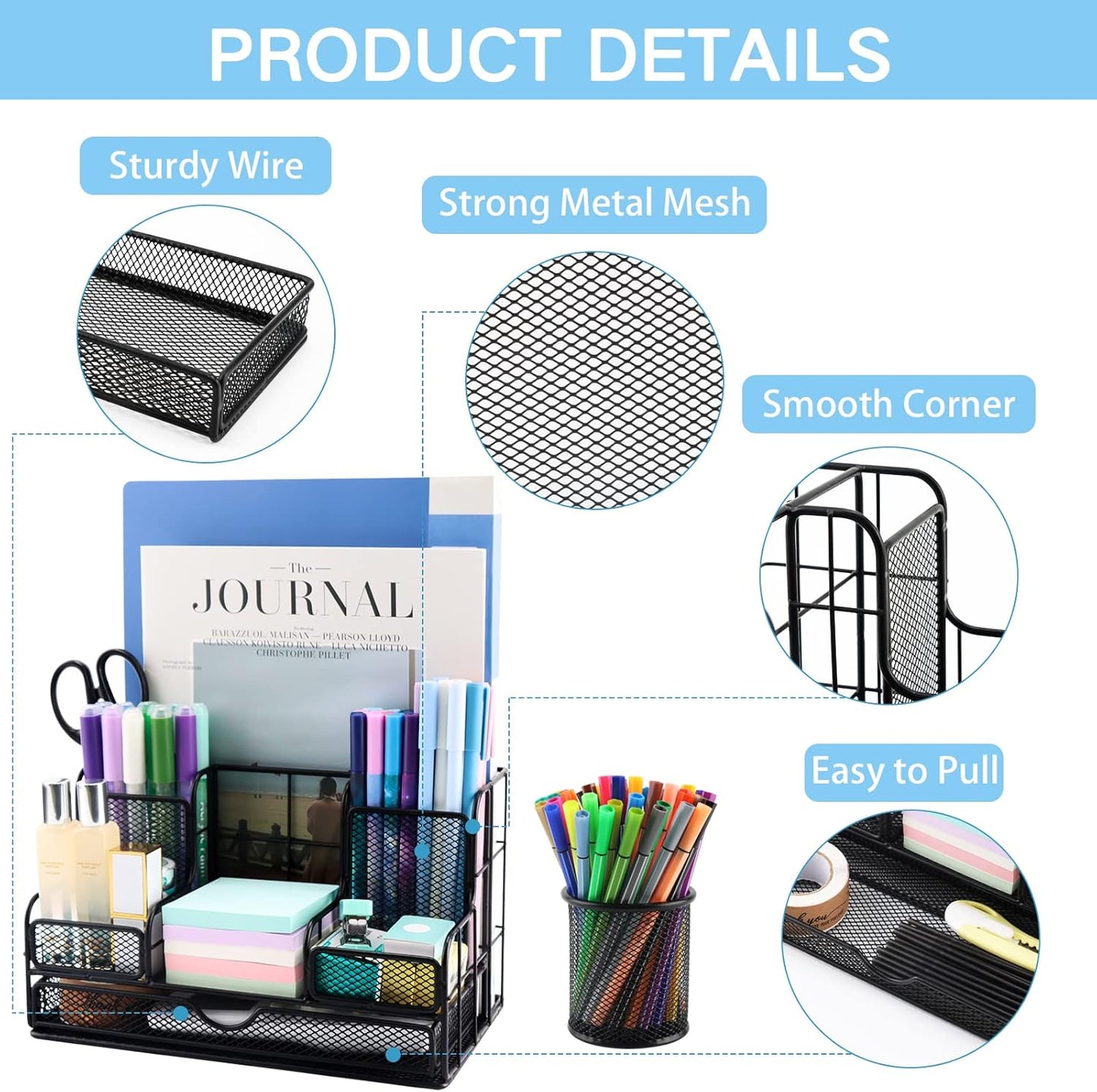 Desk Organizers Caddy and Accessories with 7 Compartments + Pen Holder / 72 Clips Set, Drawer, Black Mesh Office Supplies Desktop Organizer for Home, Office Ect