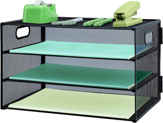 Paper Letter Tray with Handle, 3 Tier Metal Mesh Desk File Organizer, A4 Paper Desktop Filing Trays, Desk Tidy Magazine Document Holder for Home Office, Black
