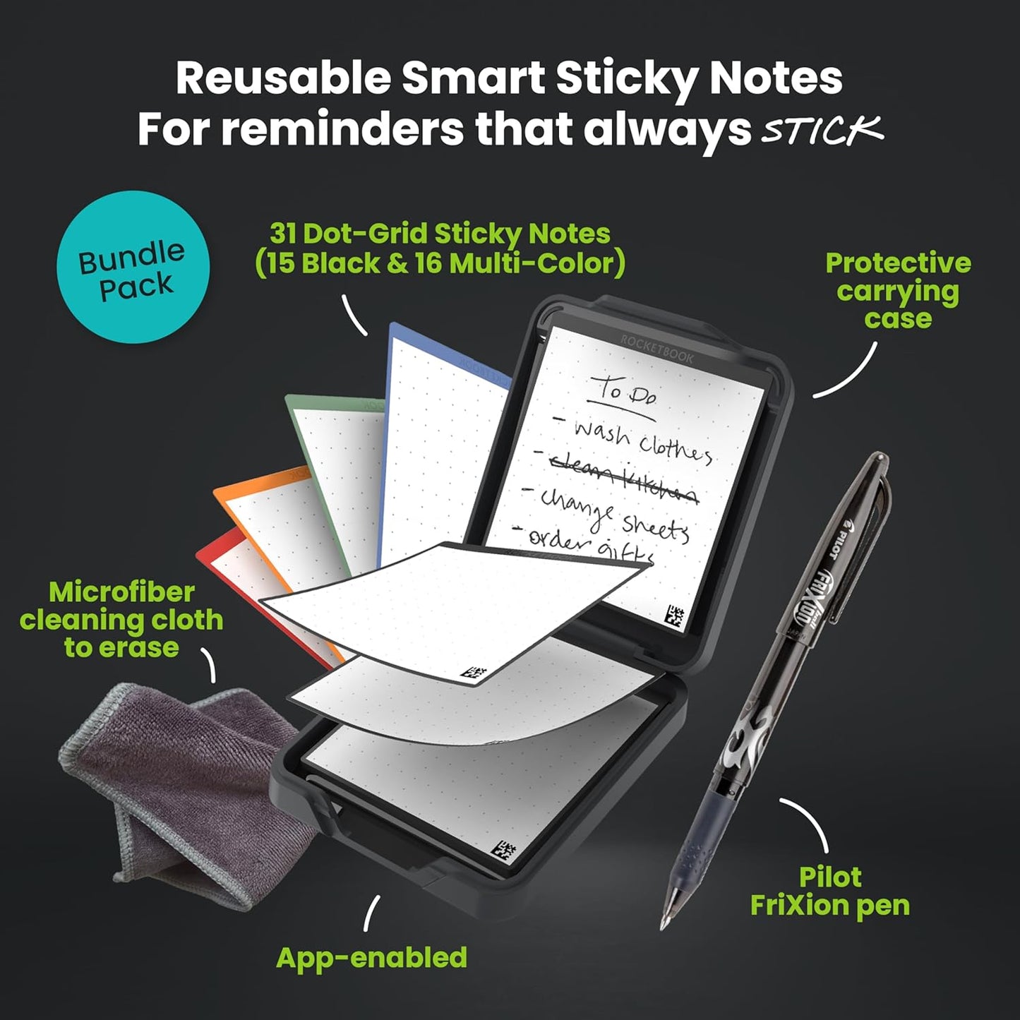 Rocketbook Reusable Sticky Notes with Storage Case, Pen, and Towel Included, 3"x3", 31 Sheets - Dotted Paper, App-Connected, Erasable, Reusable Adhesive, Ideal for to Do Lists and Reminders
