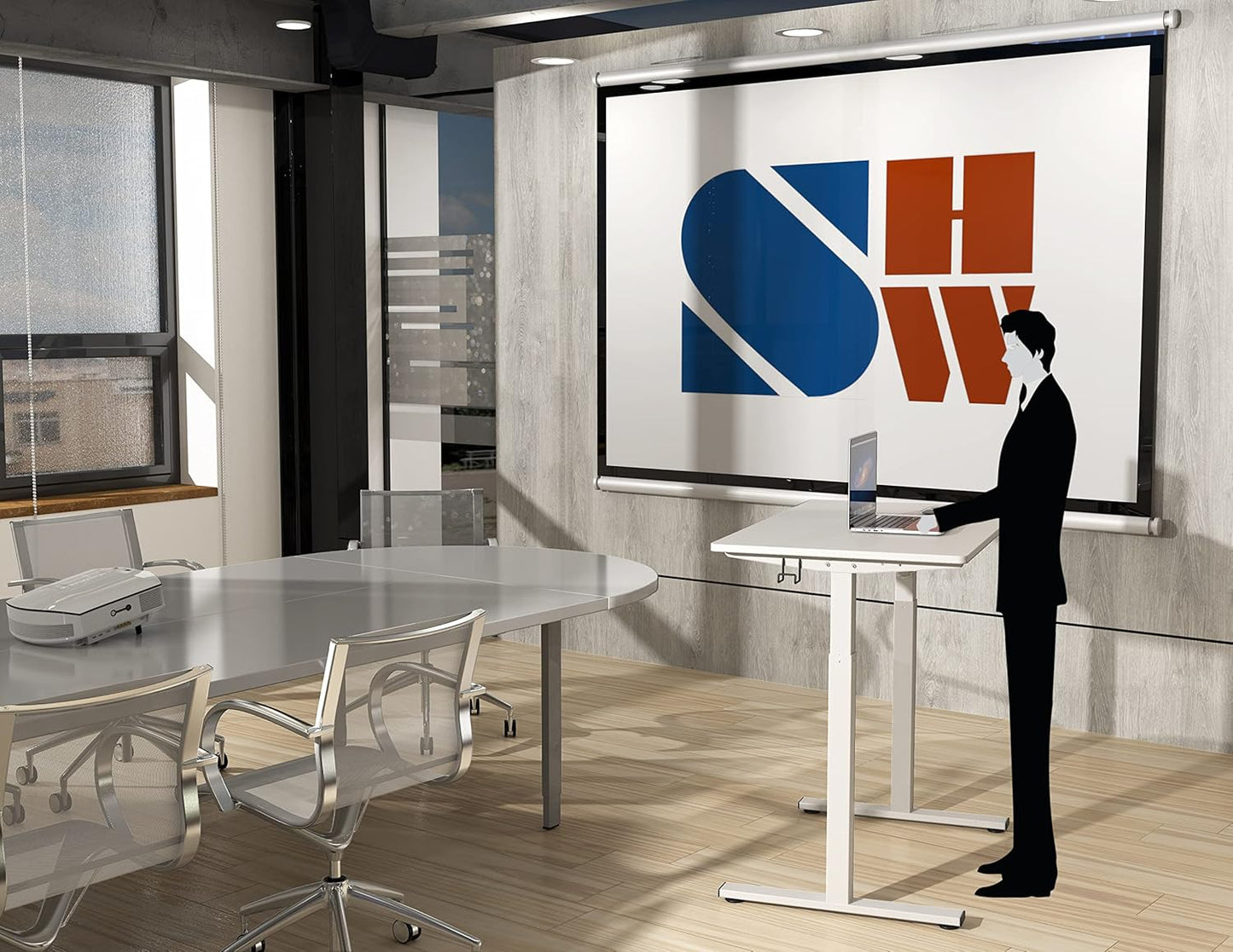 SHW 40-Inch Electric Height Adjustable Standing Desk with Drawer, Memory Preset and Cable Management Tray, White