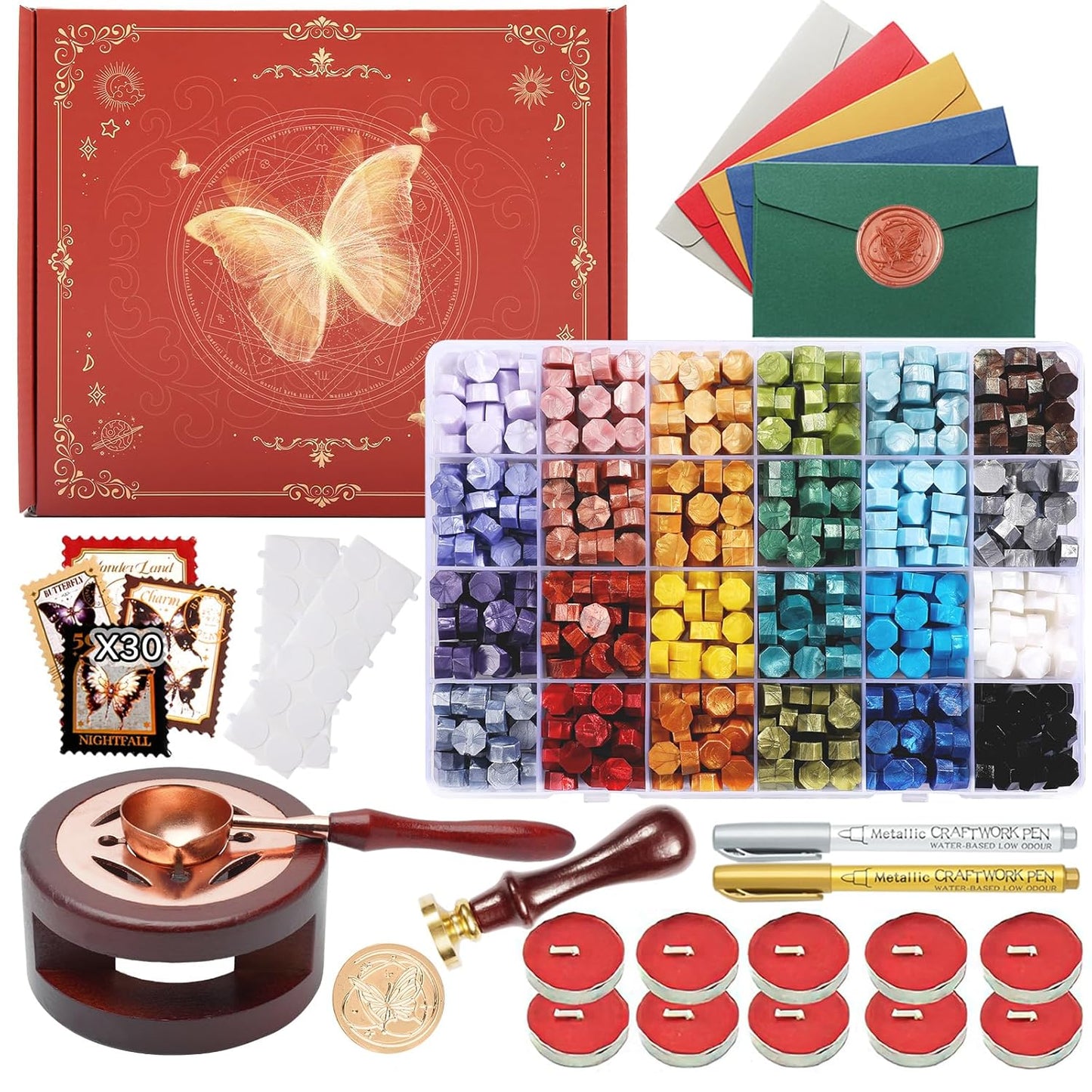 Wax Seal Kit with Gift Box, 630 Pcs 24 Color Sealing Beads, Butterfly Stamp, Sealing Wax Warmer, Envelopes, Adhesive Stickers for Gift and Decoration (Classical Butterfly)