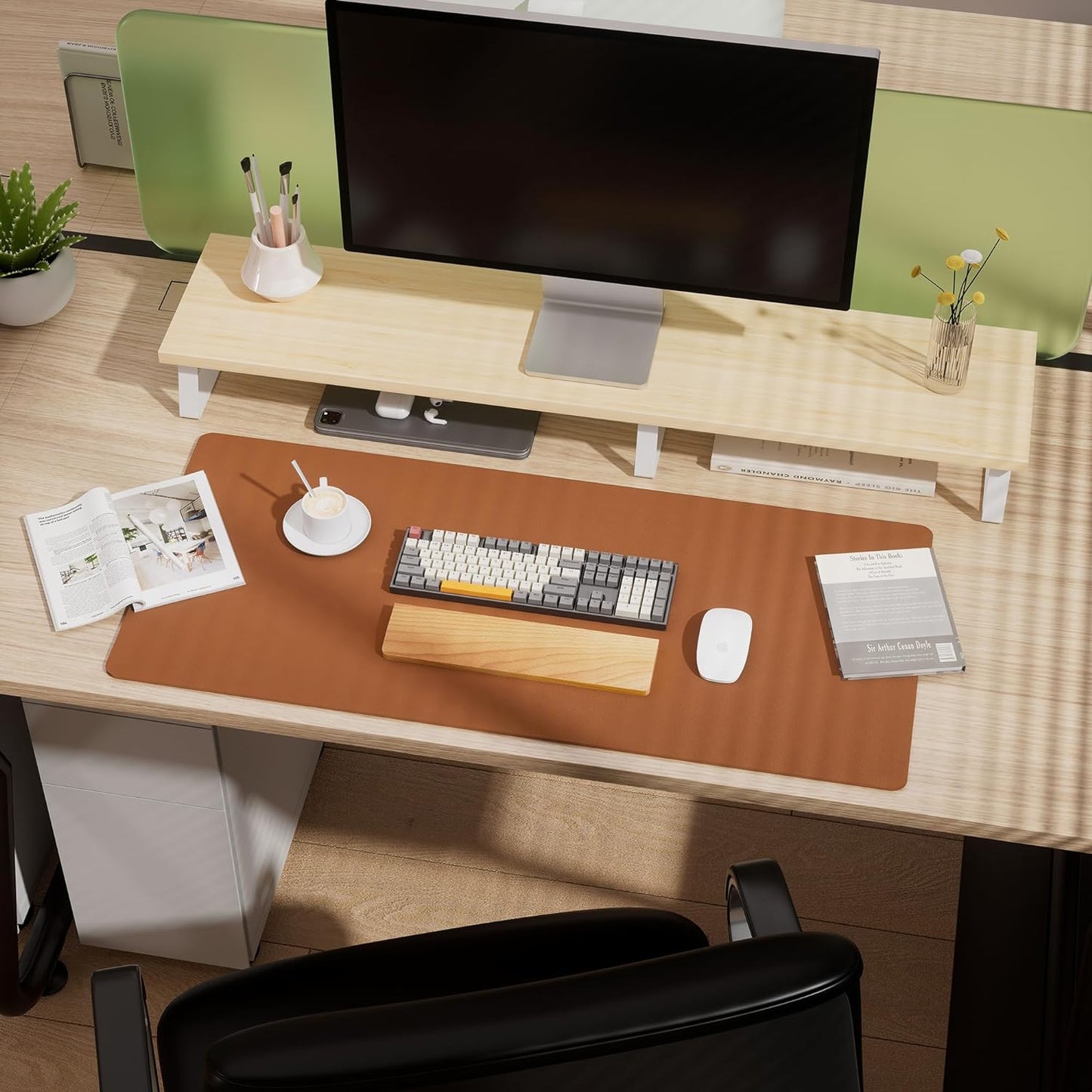 Aothia Double-Sided Desk Pad, 37.8"x17" Leather Desk Mat, Eco Cork Desk Pad Protector,Large Mouse Pad,Waterproof Desk Blotter for Office/Home(Brown)