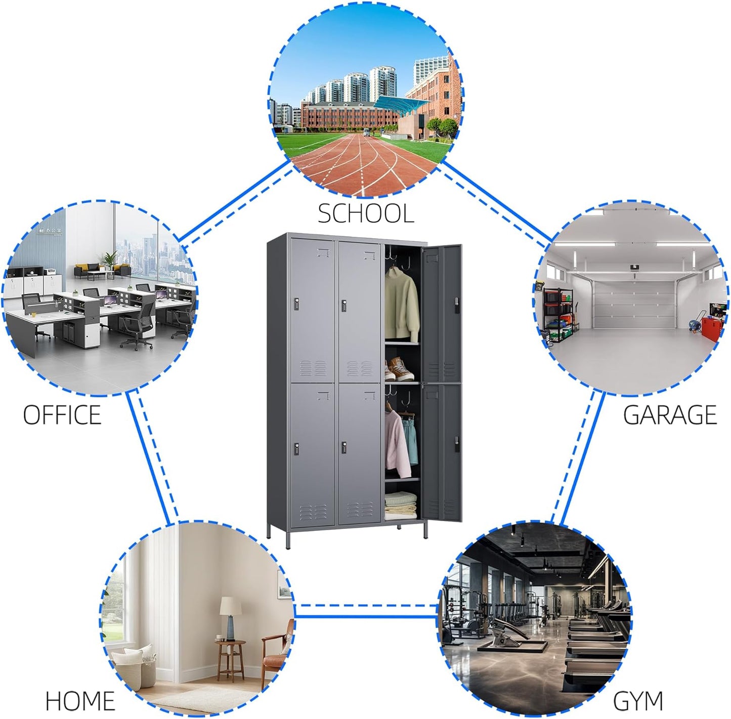 6 Doors Metal Locker for Employees with Combination Locks,Metal Lockers with Business Card Holder and 18 Hooks for School Garage Office Gym Home,Assembly Required,Dark Grey