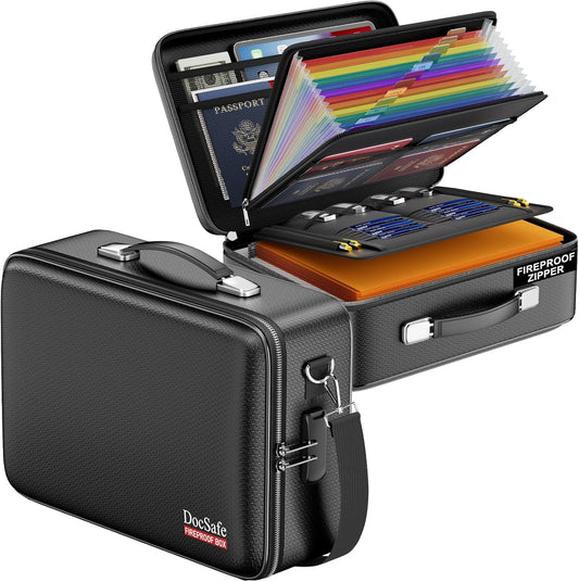 DocSafe Fireproof Document Box with Lock, Hard Case File Organizer with Accordion File Folder, Fireproof Water Resistant Safe Box Home Office Travel Storage for Important Documents Laptop Black