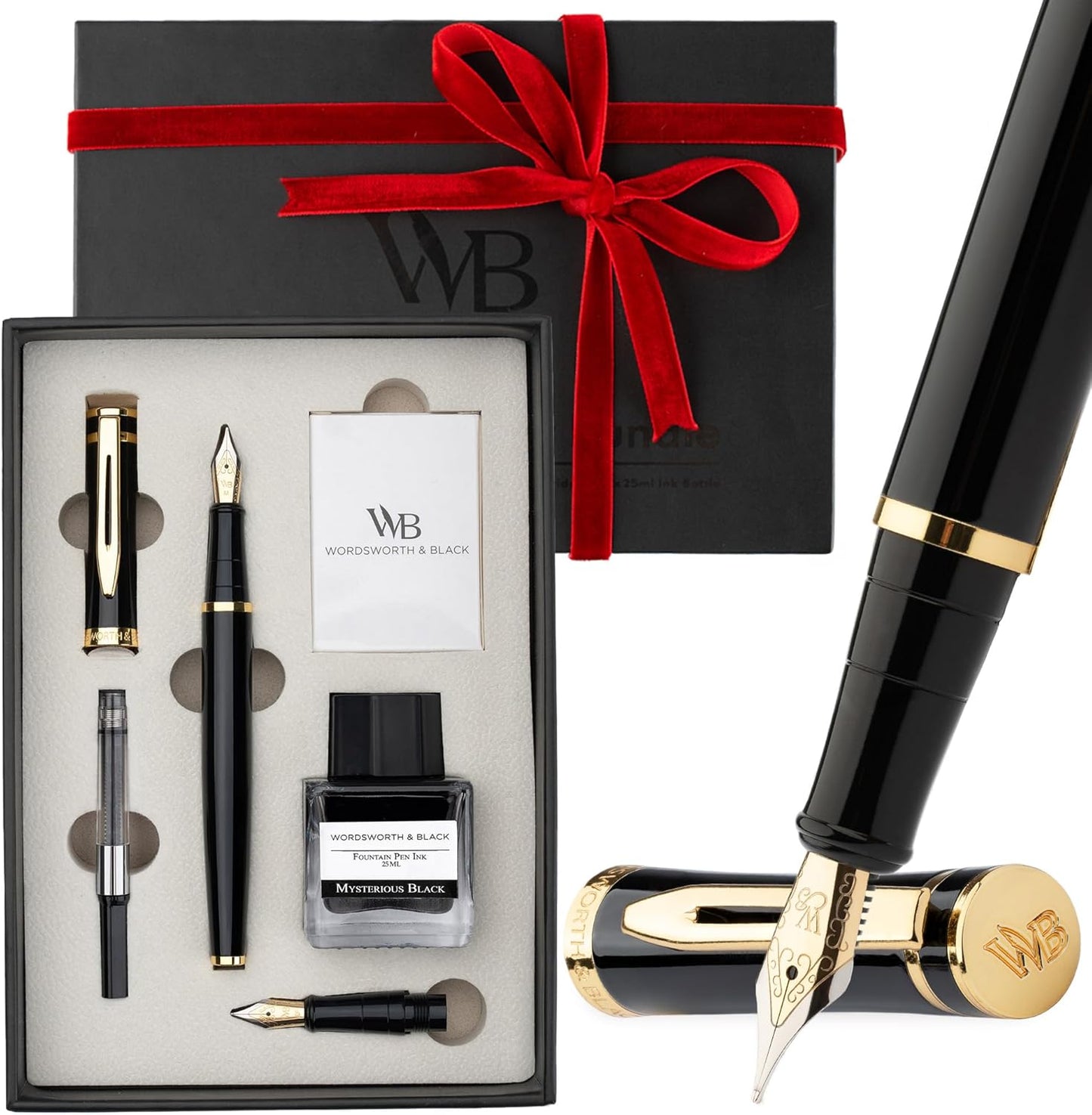 Wordsworth & Black Fountain Pen Set,18K Gilded Medium and Extra Fine Nib,25MLBlack Ink Bottle,6 Ink Cartridges,Refill Converter,Gift Box,Smooth Writing Pens [Black Gold],Gift Set for Men and Women