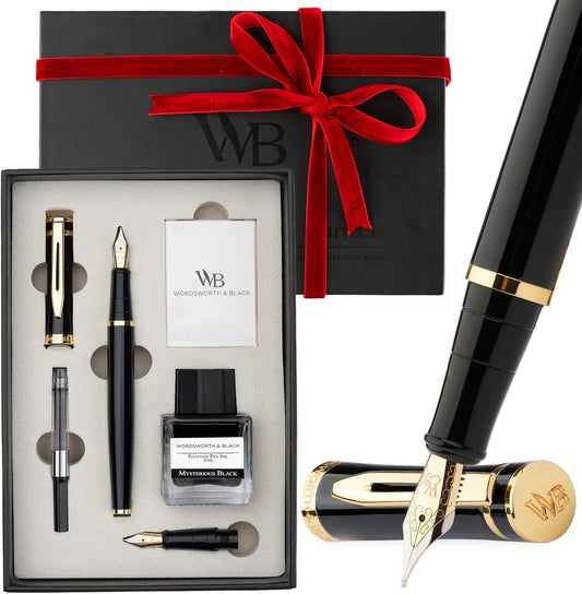 Wordsworth & Black Fountain Pen Set,18K Gilded Medium and Extra Fine Nib,25MLBlack Ink Bottle,6 Ink Cartridges,Refill Converter,Gift Box,Smooth Writing Pens [Black Gold],Gift Set for Men and Women