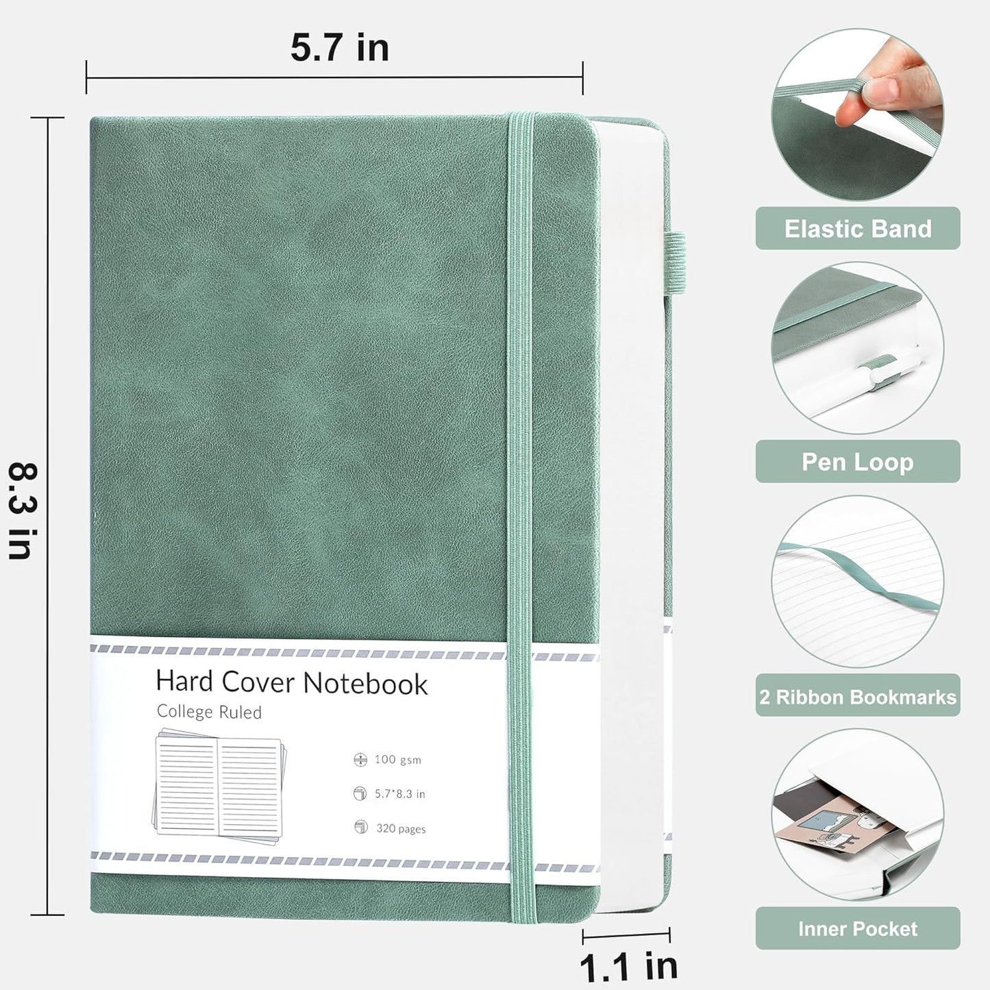 CAGIE Lined Journal Notebook for Women Men 320 Pages 100 Gsm Paper Thick Journaling Notebooks A5 Leather Journals for Writing Hardcover Journal Supplies for Work Note Taking Diary, 5.7x8.3 In, Green