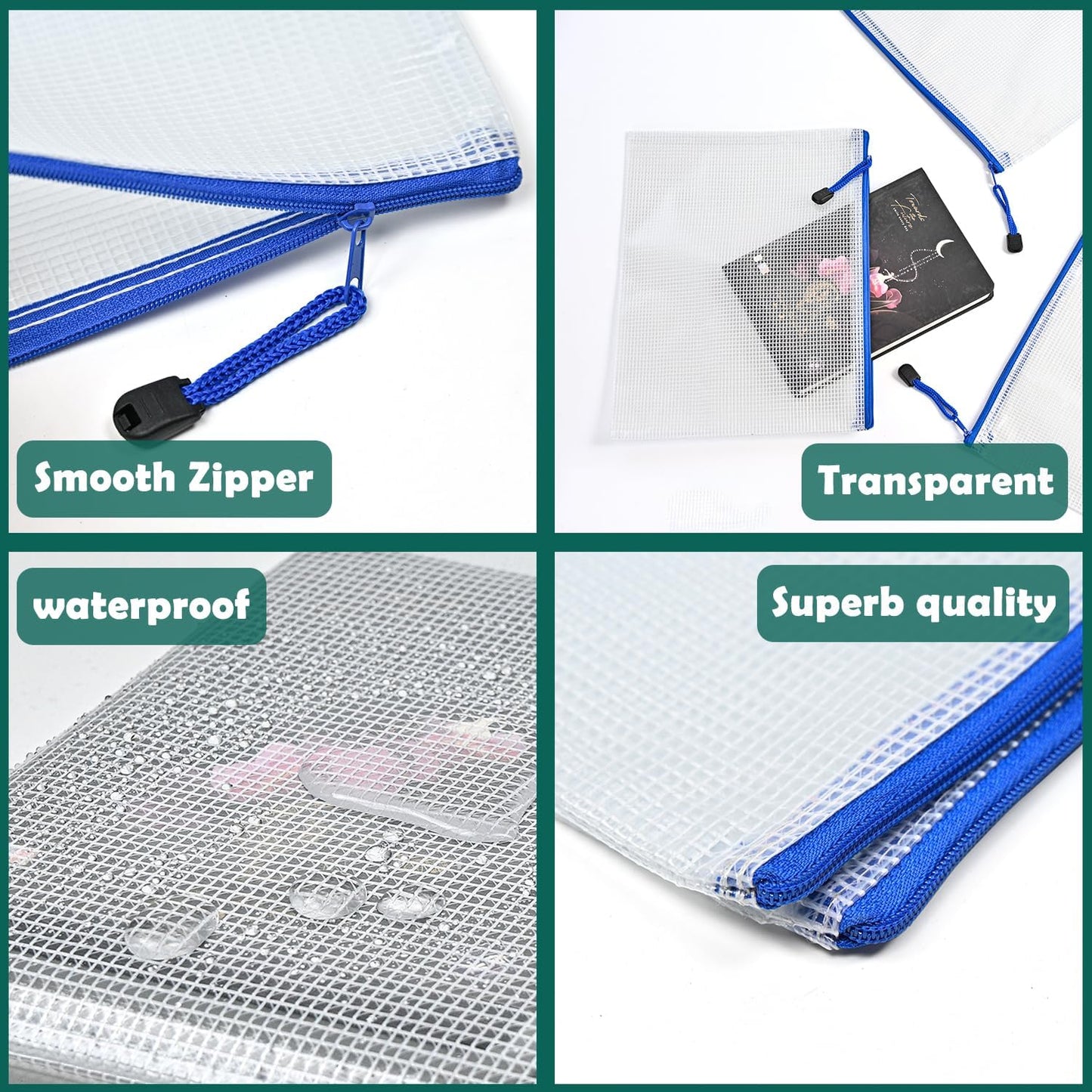 AUSTARK 10 Pcs Zipper File Bags, Waterproof Plastic Mesh Pouch for Office School, Board Game Storage Bags (B4 Size 15''x11'', White and Blue)