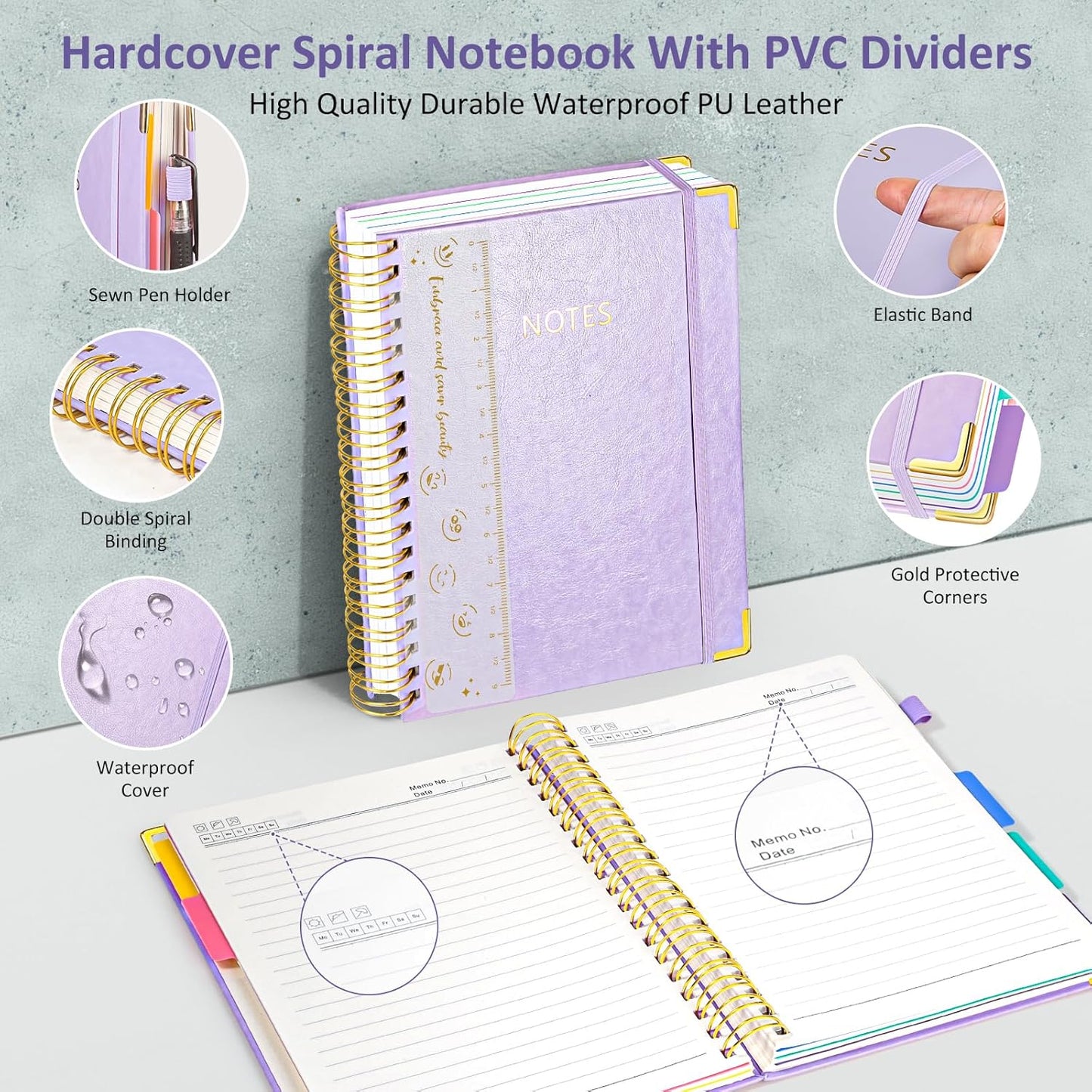 Hardcover Spiral Notebook Journal, 8"x10" Large B5 Notebooks with Removable Dividers Tabs, 300 Pages Leather 5 Subject Notebook College Ruled, Journal for Work School Note, 100 GSM Thick Paper,Purple.