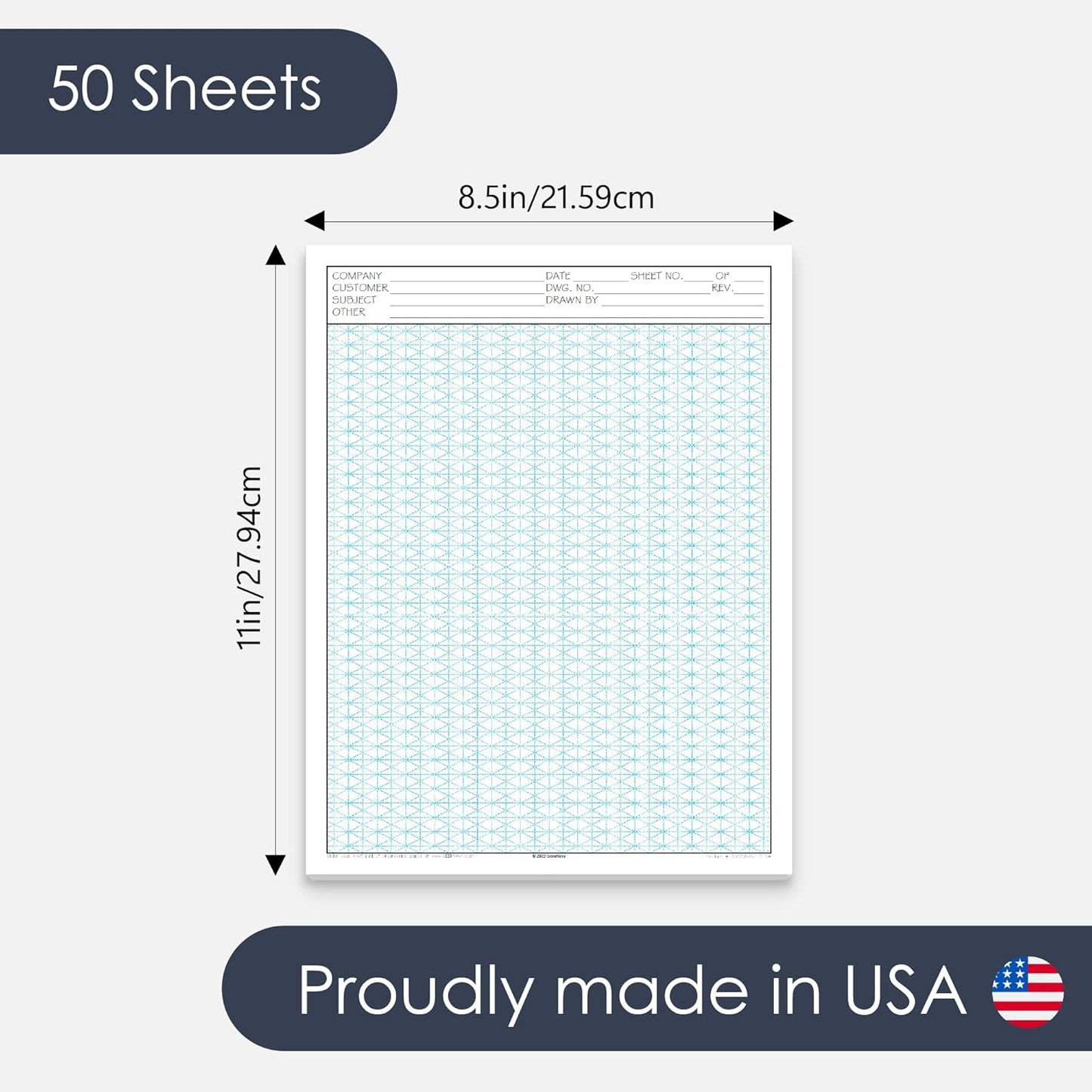8.5" x 11" Isometric Graph Paper 50 Sheets Portrait - 0.25" Grid, Non-photo Blue, High Brightness, Drafting, Engineering, Art, 3D Design (1-Pack)