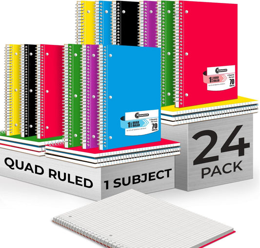 1 Subject Graph Paper Spiral Notebook, 24 Pack, 70 Sheets (140 Pages), 8 x 10-1/2" Bulk 4x4 Spiral Bound Grid Notebooks, 3 Hole Punched Single Subject Quad Ruled Spiral Notebooks for School