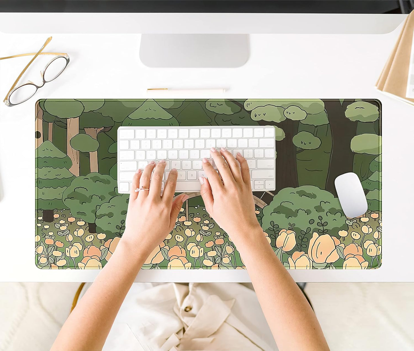 Anime Forest Desk Mat,Cute Green Mouse Pad,Kawaii Aesthetic Full Desktop Pad XXL Gaming Mousemat XL, Extended Korean Animals Bear Bunny Keyboard Mat Large 31.5x15.7 Inch Non-Slip&Stitched Edges