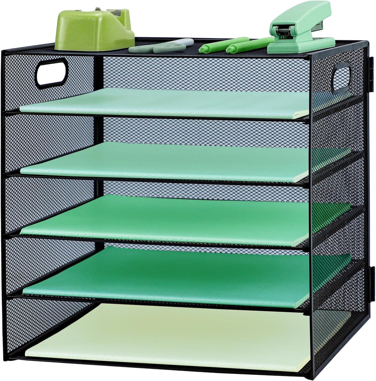 Paper Letter Tray with Handle, 5 Tier Metal Mesh Desk File Organizer, A4 Paper Desktop Filing Trays, Desk Tidy Magazine Document Holder for Home Office, Black