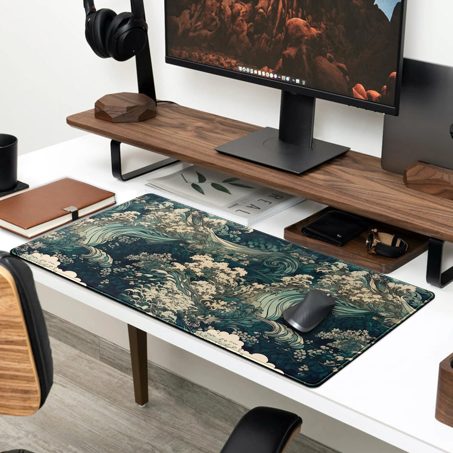 Japanese Large Mouse Pad Gaming Sea Wave Desk Pad Blue Sea Flower Art Aesthetics Desk Pad Non-Slip Rubber Base Mice Pad, 31.5 X 11.8 in for Laptop Computer Mouse Keyboard Mat of Office Desk Decor