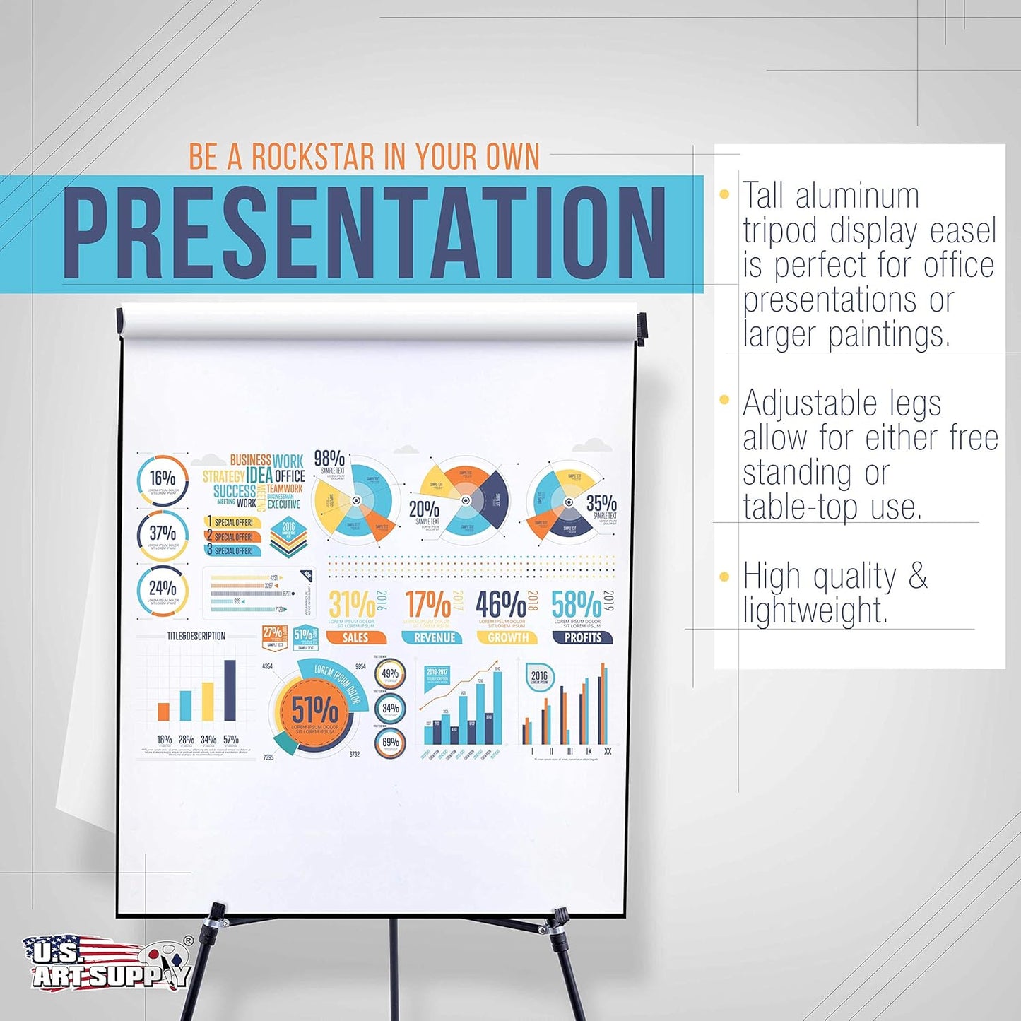 U.S. Art Supply 66" High Boardroom Black Aluminum Flip Chart Easel & Presentation Stand (10 Pack) - Adjustable Floor/Tabletop, Portable Tripod, Holds 25 lbs., for Chart Paper, Poster Boards, & Pads