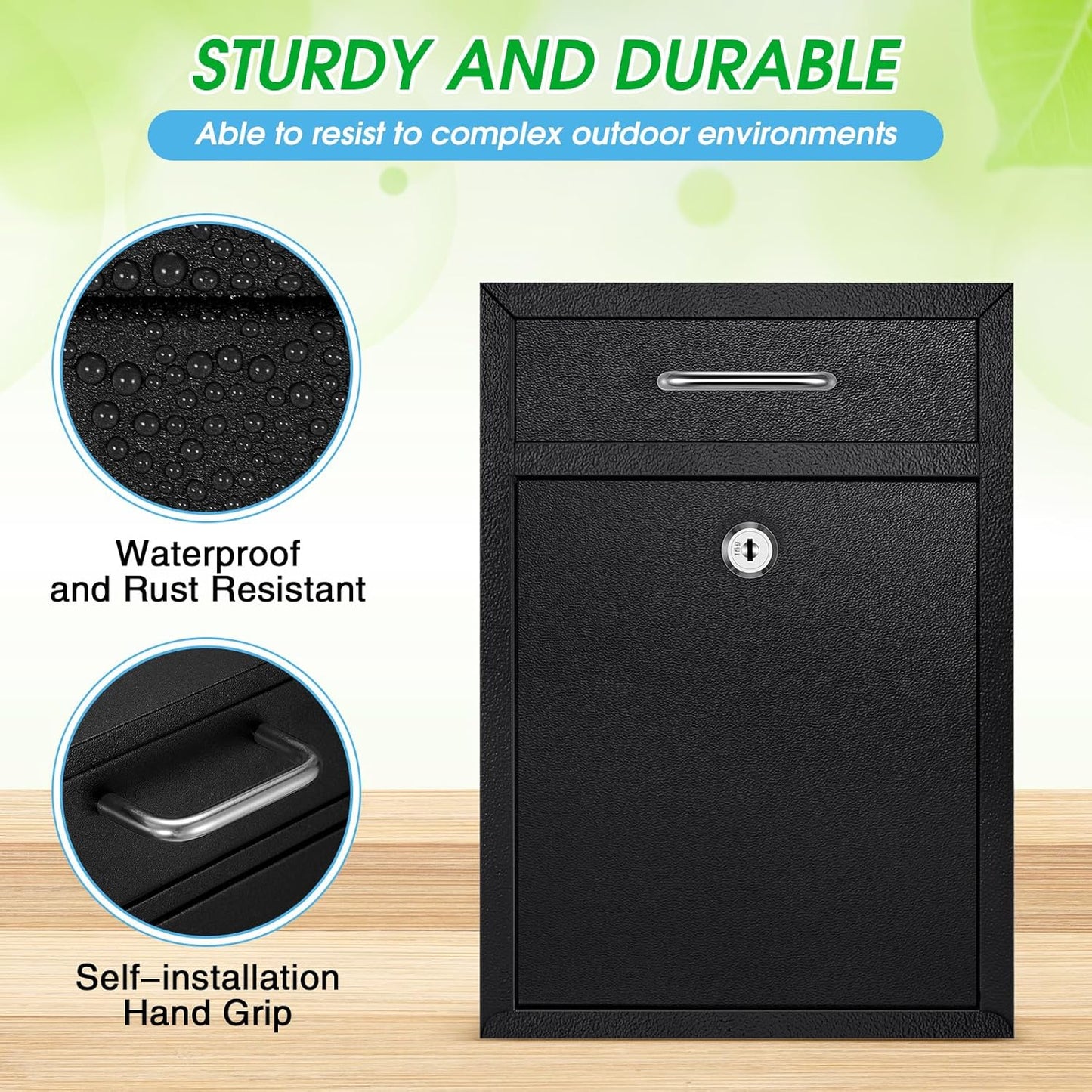 Locking Mailbox with Key for Outdoor 12.2 x 8.5 x 3 Inches Large Wall Mount Mail Box with Lock Security Mail Drop Metal Collection Boxes Hanging Secure Postbox(Black)