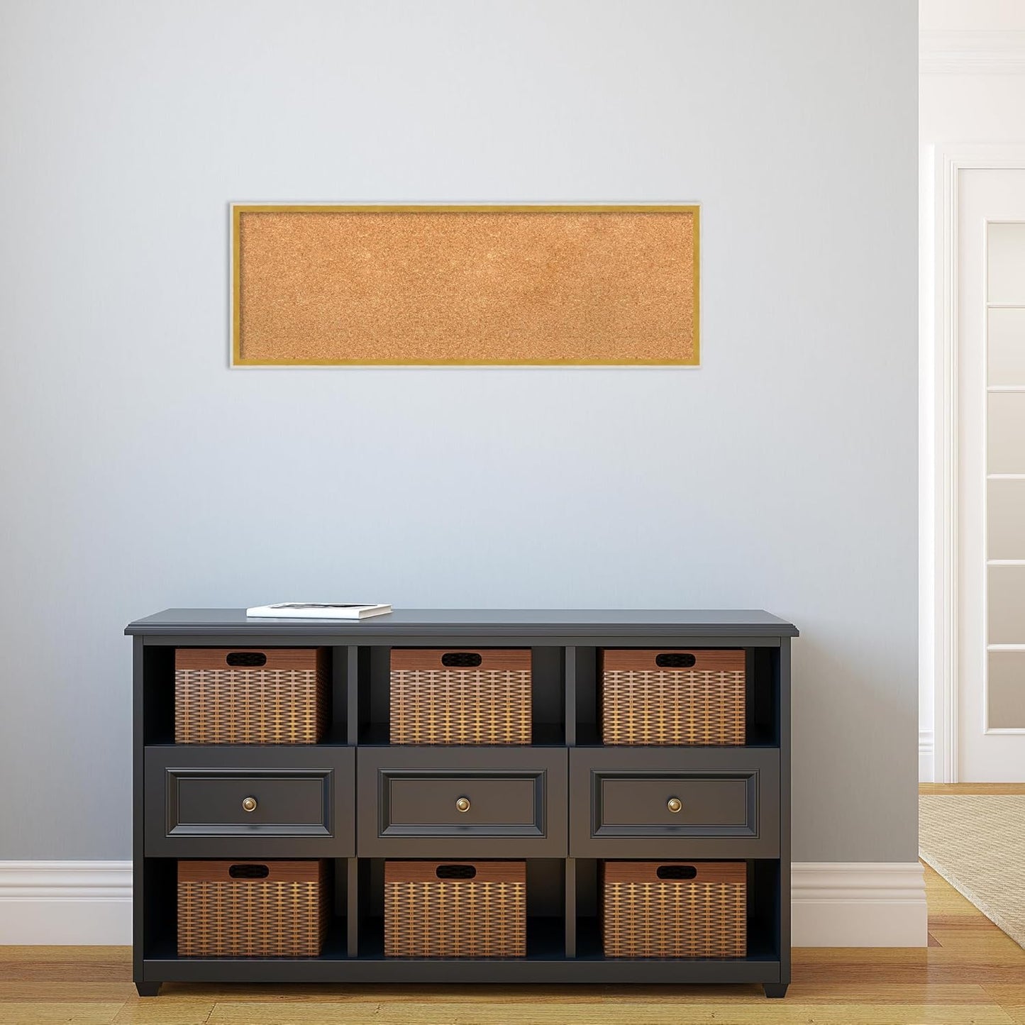 Amanti Art Natural Cork Board for Wall, 13x37 Vision Board with White Frame, Medium Corkboard Office Decor for Home Organization, Modern Corkboard Pinboard to Display Items for Home Organization in