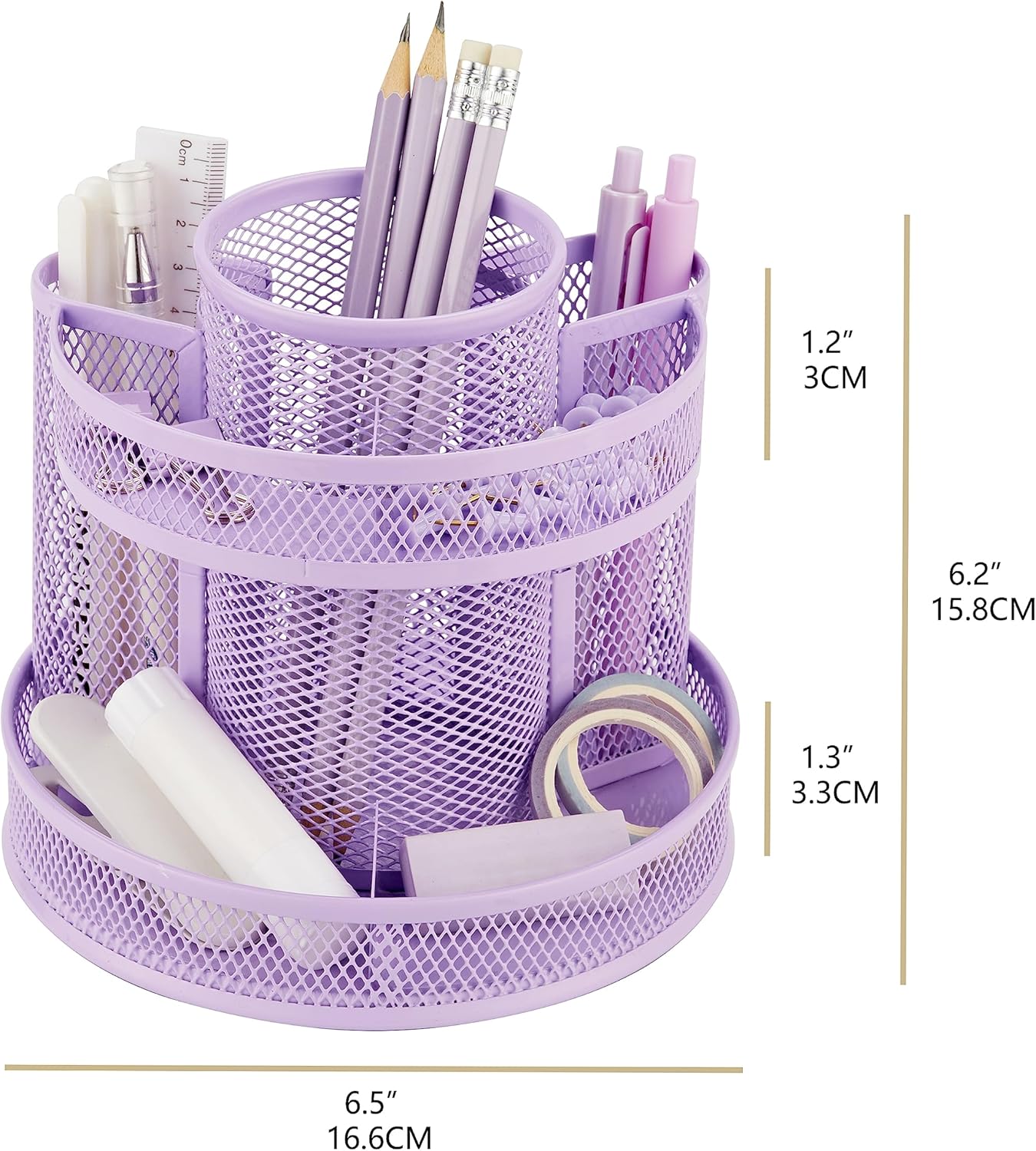 Annova Mesh Desk Organizer Rotate with 5 Compartments Round Spinning Tidy Candy/Pen Holder Desk Accessories Office, Art Supply, Storage, Classroom, Home (Light Purple)