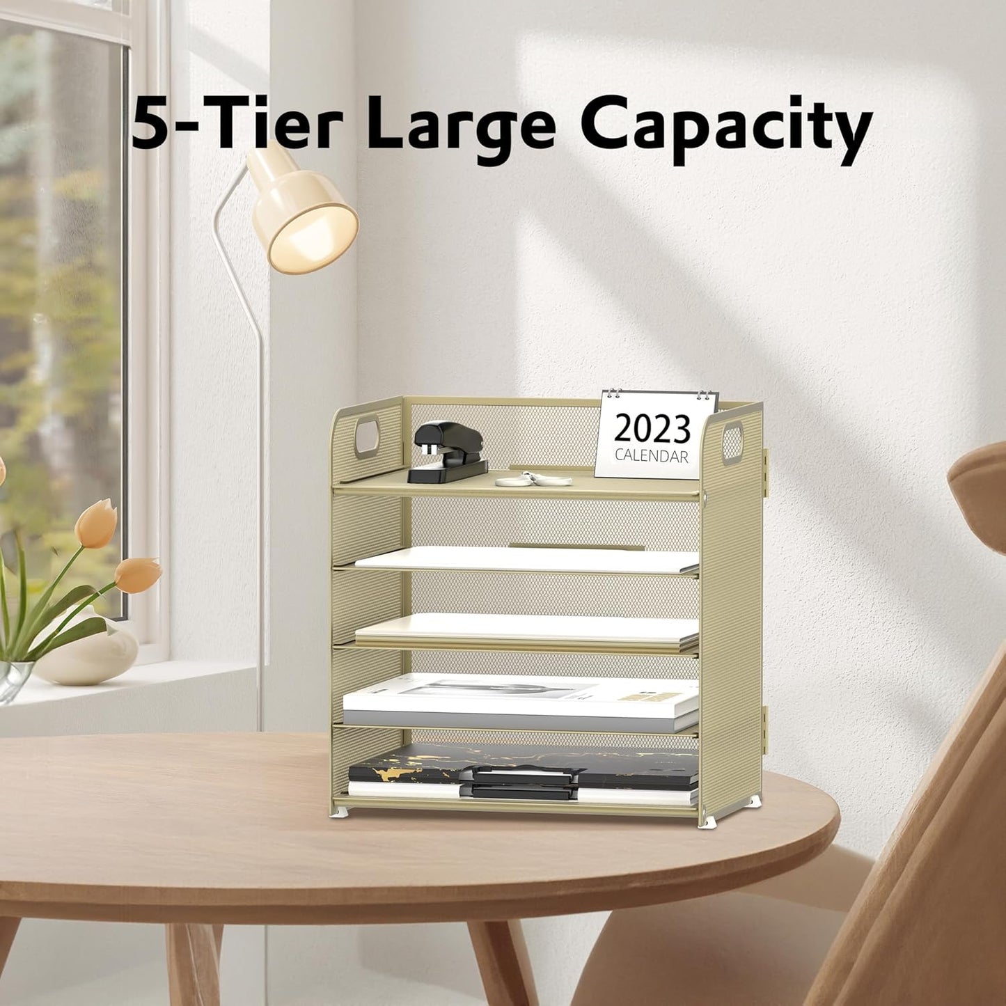 Supeasy 5 Trays Paper Organizer Letter Tray with Handle-Mesh Desk File Organizer,Pink Paper Sorter Desk Organizer for Office, Home or School (Gold Yellow)