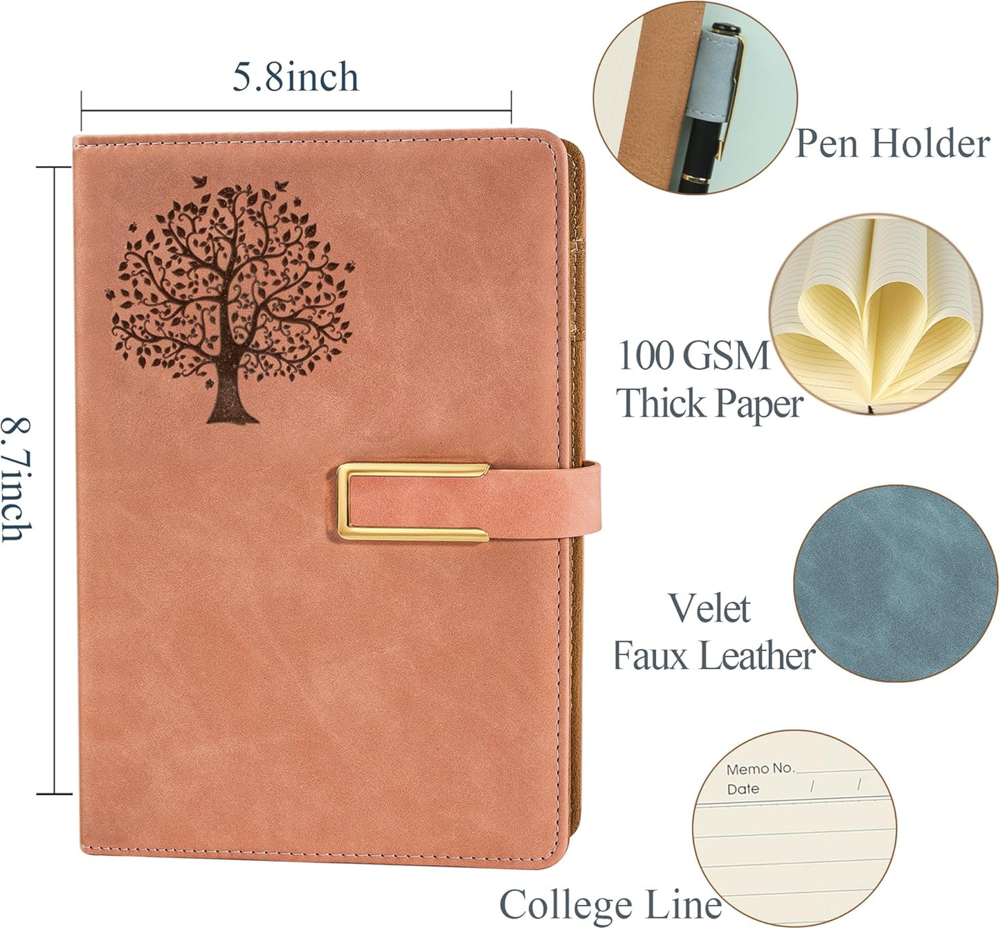 Fanery Sue Tree of Life Refillable Writing Journal for Women&Men Faux Leather Hardcover Notebook A5 College Ruled 200 Lined Pages Lay-Flat Personal Diary with Pen&Magnetic Buckle (Tree of Life-Pink)