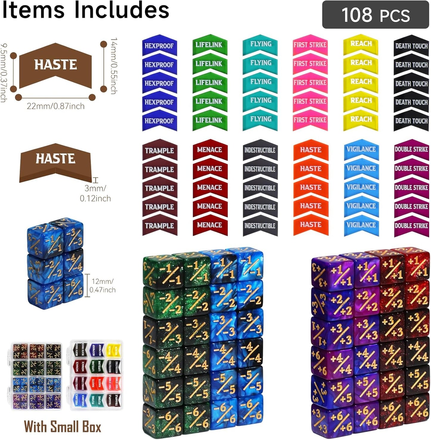 SIXPOINTS 108PCS 12mm MTG +1/+1 Tokens 6 Sided Dice & Keyword Counters Tokens Set for Magic The Gathering, MTG, TCG, Card Games Accessories