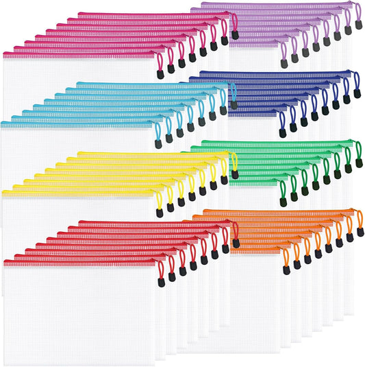 64Pack Mesh Zipper Pouch Bags, Waterproof A4 Letter Size Document Zipper Pouches for Storage, Teacher School, Toys, Puzzle, Office, 8 Colors