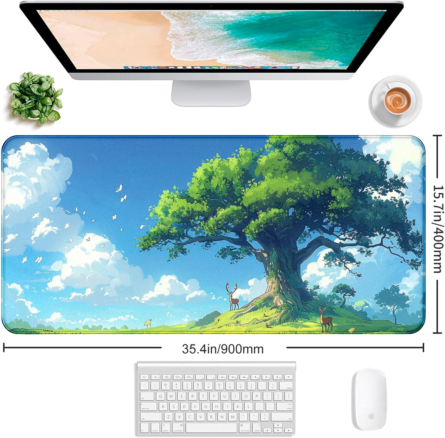 Simple and Cute Anime Landscape Computer Mouse Pad, Large Green Plant Outdoor Landscape Office Desk Pad, 35.4 x 15.7 x 0.12 Inch Sewn Edge Non Slip Rubber Base Mouse Pad