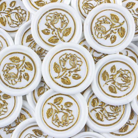 50Pcs Gold & White Wax Seal Stickers Handmade Envelope Seals Self Adhesive Wax Stickers for Wedding Party Invitations, Envelope, Gift Wrap, Christmas(Gold Rose Style, White Wax)