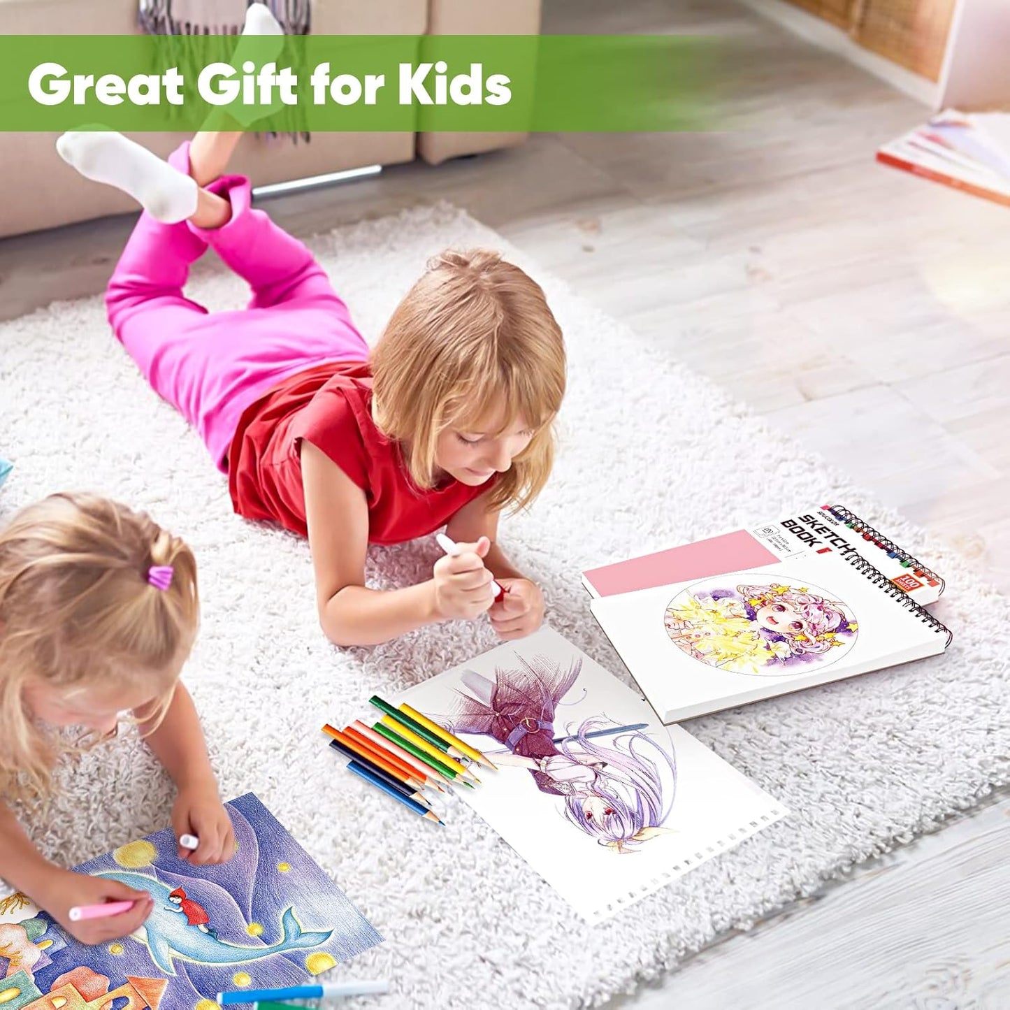 Soucolor Art Supply Set - Sketching & Drawing Kit, 9" x 12" Sketch Book, 2-Pack 100 Sheets Spiral Bound Art Sketchbook, Acid Free