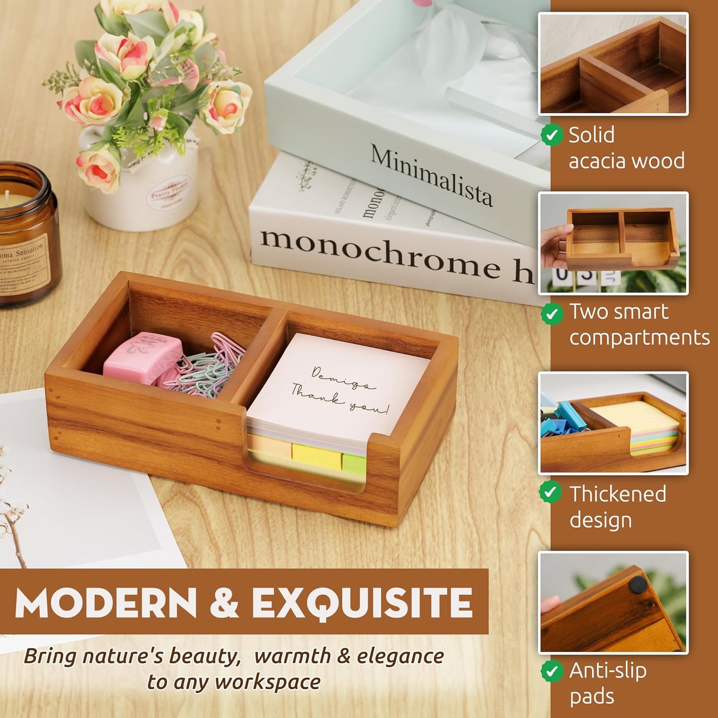 Wooden Sticky Note Holder for Desk – Solid Acacia Wood Organizer for 3x3 Note Pads, Paper Clips, Office Supplies – Compact Memo Pad Holder for Home Office, Teachers