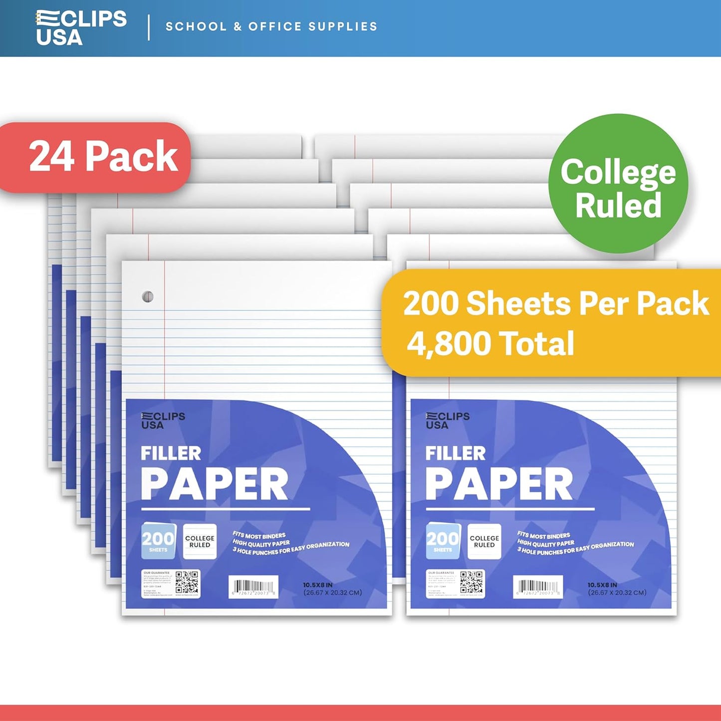 Notebook Paper, College Ruled Loose Leaf Paper (24 Pack), Filler Paper, 10.5” x 8”, Filler Paper, 200 Sheets Per Pack, 60 gsm (24 Pack)