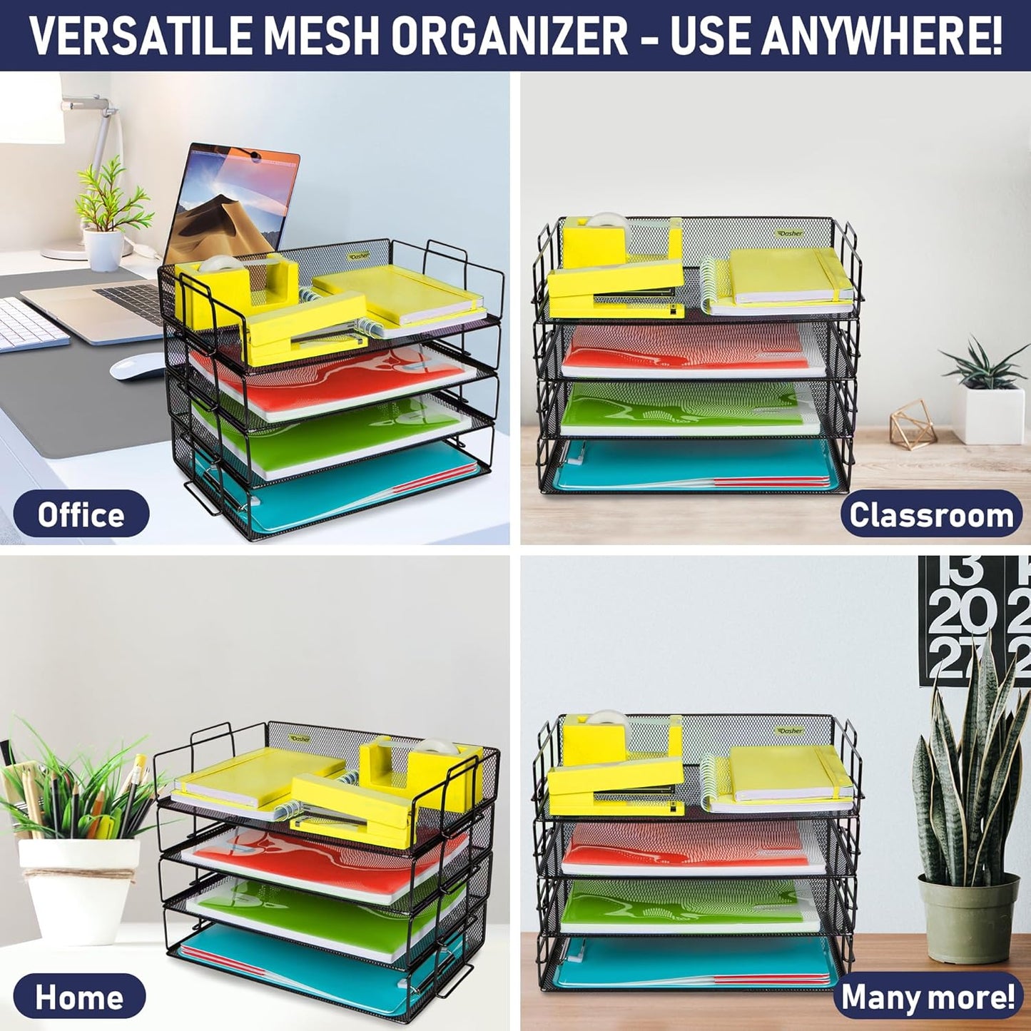 Stackable Paper Tray Desk Organizer, 4-Tier Metal Mesh Letter Organizers for Business, Home, School, or Store Use, Organizes Files, Folders, Letters, Paper, Binders, Multi-Functional Desktop Storage