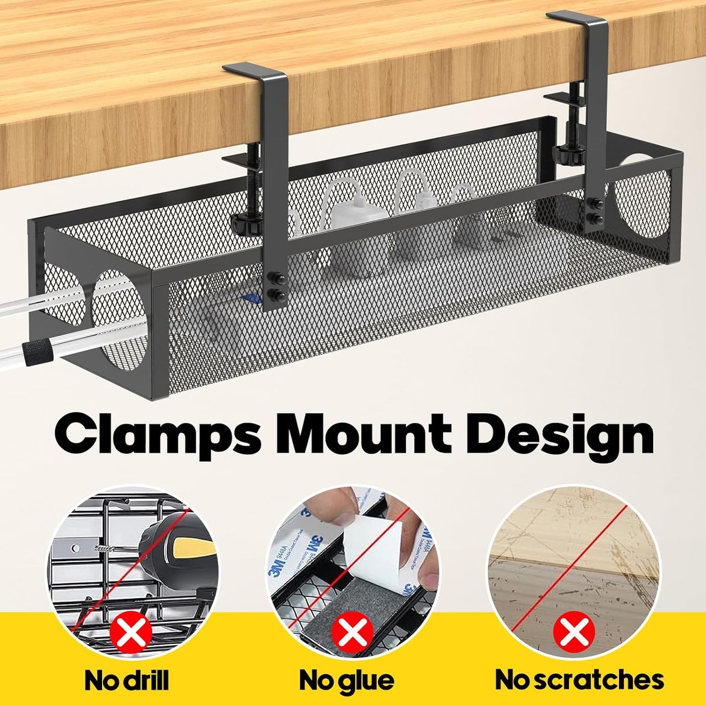 Under Desk Cable Management Tray No Drill 15.1’’, Metal Mesh Cable Management Box with Hybrid Side Slots Cable Raceway,Adjustable Cable Tray with Wire Management for Office Home,1 Pack (Black)