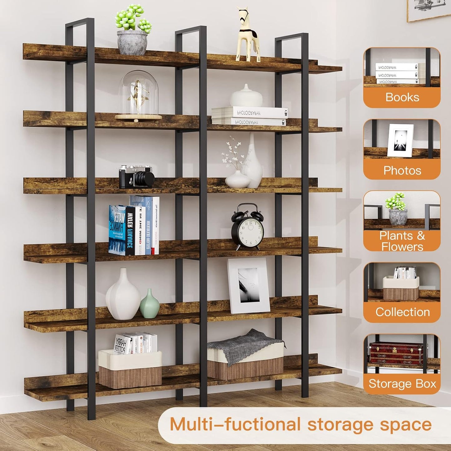 FRAPOW 83Inch Industrial Bookshelf and Bookcase, Double Wide 6 Tier Large Vintage Book Shelf with Metal Frame Open Bookshelves for Living Room Home Office