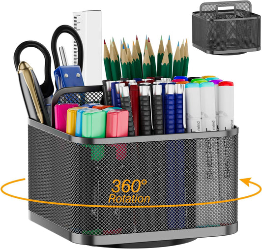LUCYCAZ 360 Rotating Metal Pencil Pen Holder for Desk, Rotating Pencil Cup with 5 Slots, Dual-Purpose Desk Pen Organizer for Office, School, Home, Square