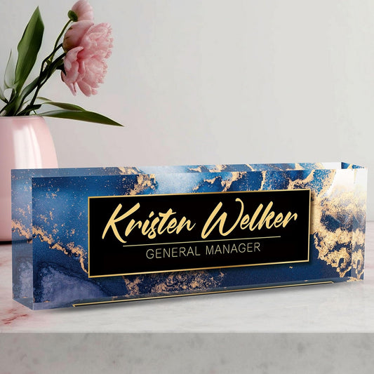 Desk Name Plate Personalized, Custom Name Plate for Desk, Office Desk Decor for Women and Men, Employee Appreciation Gifts Office Gifts for Boss, Manager, Teacher, Nurse (Blue Marble)