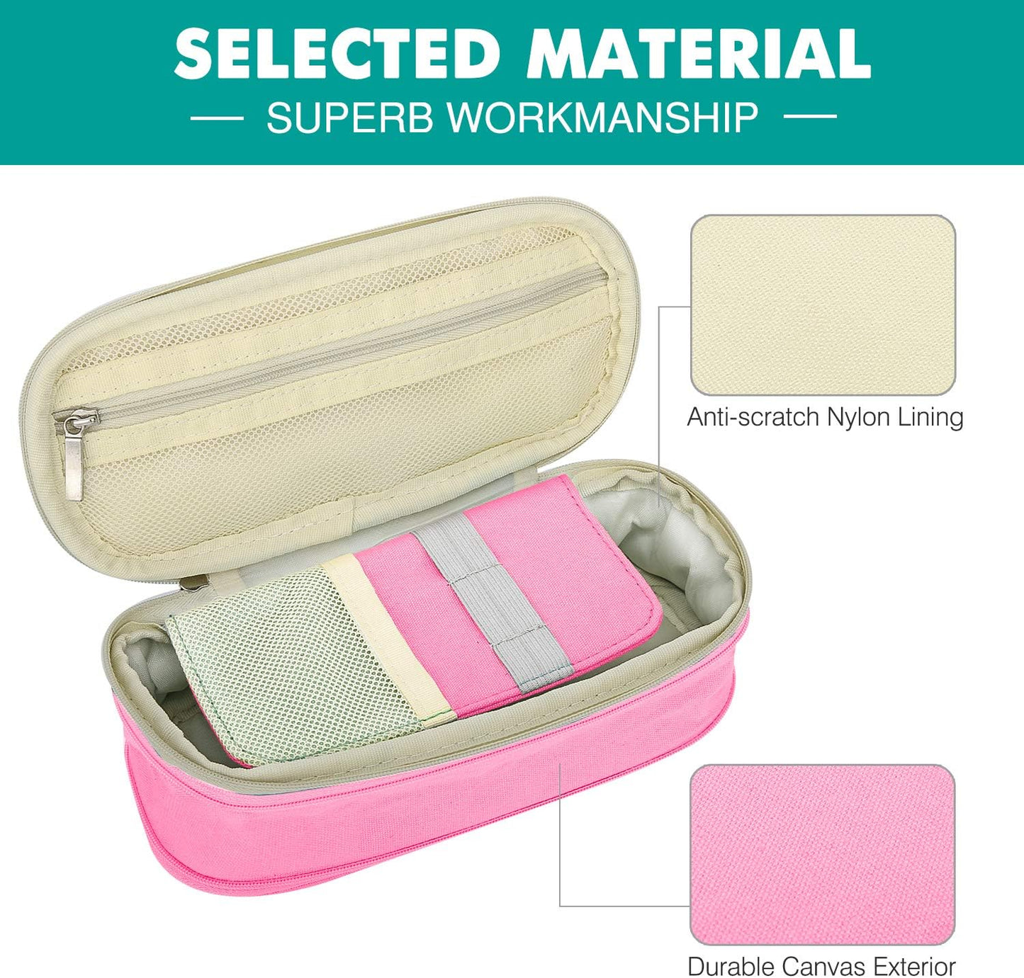 MoKo Large Capacity Pencil Pen Case, Big Capacity Storage Bag Pouch Box, Stationery Organizer with Zippers for Office/School Supplies - Beige & Pink