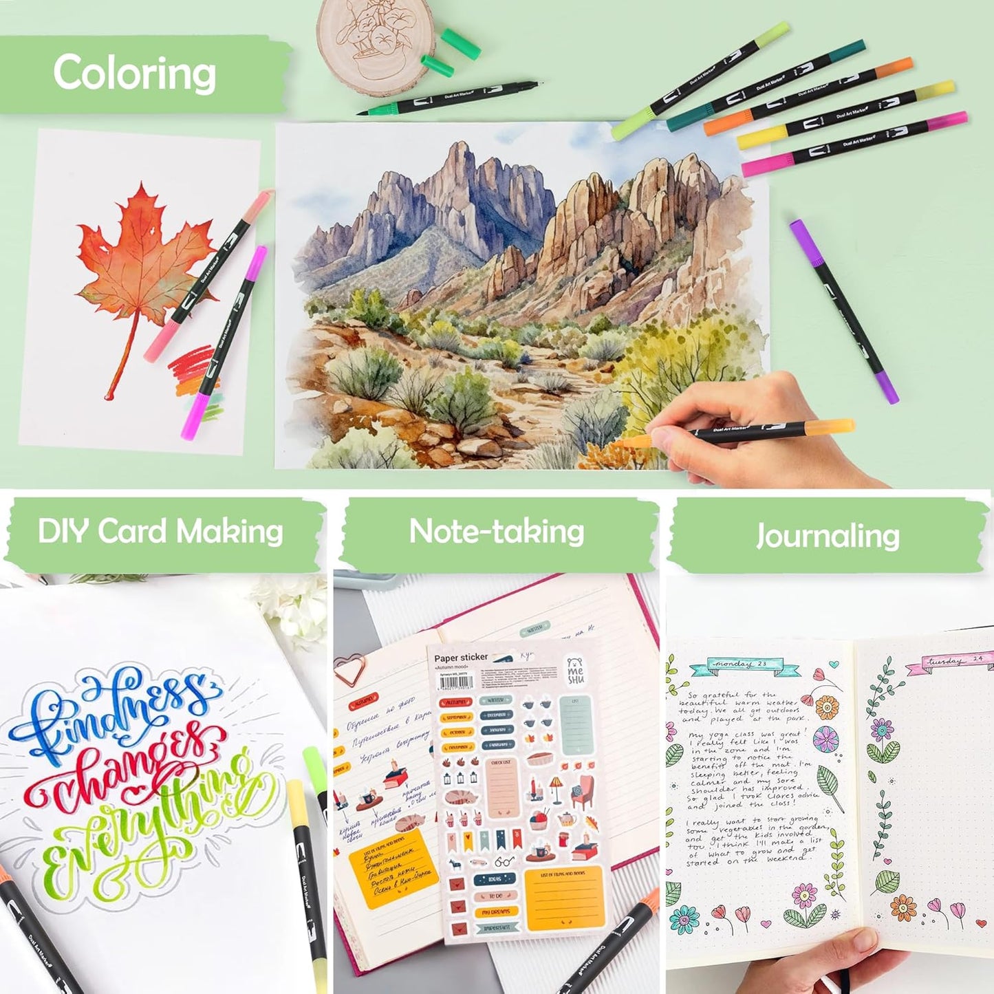 nauets 100 Colors Brush & Fine Dual Tip Watercolor Markers Set for Kids Adults Coloring Books No Bleeding Paint Pens For Drawing Note taking Planner Calligraphy Journaling Card Making Art Supplies