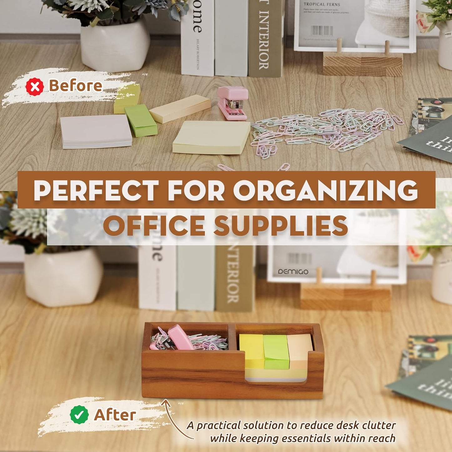 Wooden Sticky Note Holder for Desk – Solid Acacia Wood Organizer for 3x3 Note Pads, Paper Clips, Office Supplies – Compact Memo Pad Holder for Home Office, Teachers