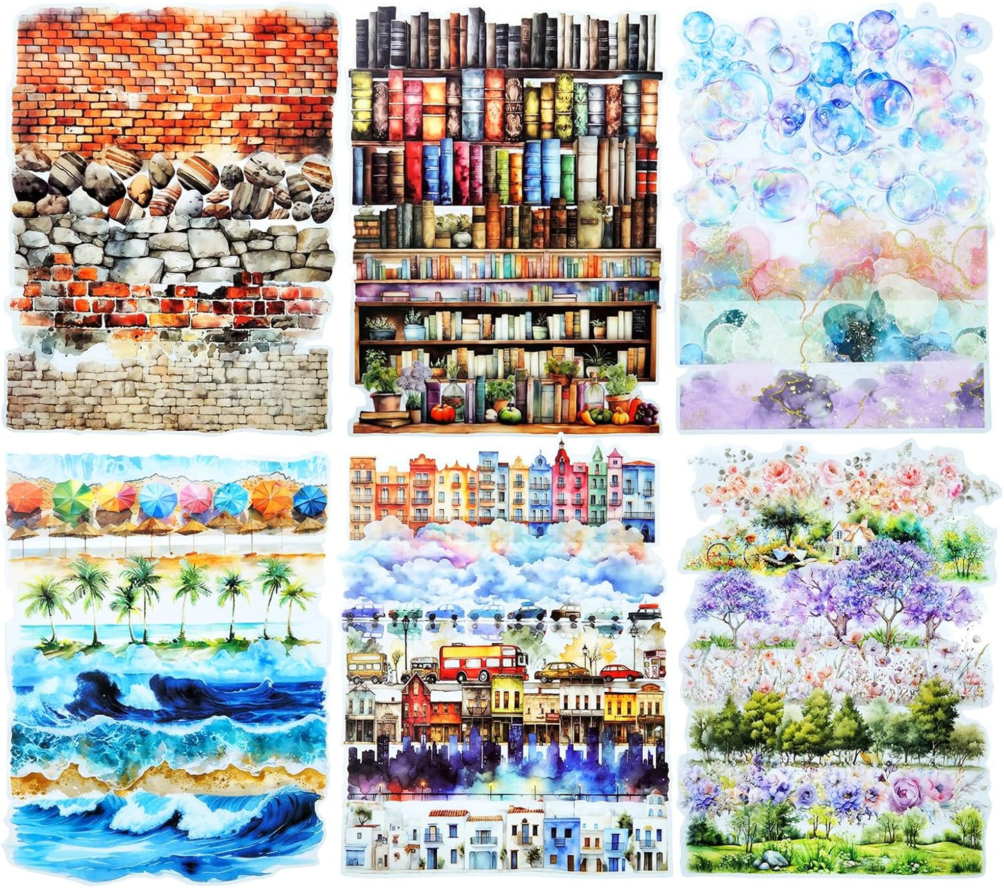 PET Scrapbook Stickers Set, 120PCS Journaling Supplies with 6 Themes Book Wall Ocean City Tree Bubble Decorative Stickers for DIY Crafts and Planners